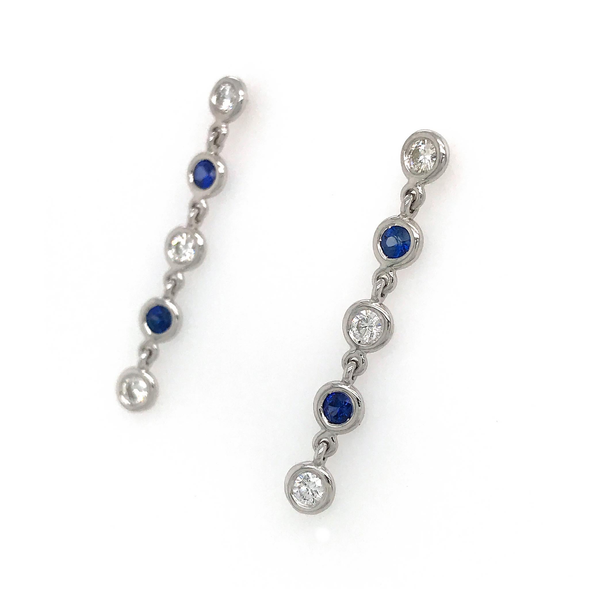 Round Cut Fab Drops 14 Karat White Gold Diamond and Sapphire Drop Earrings For Sale