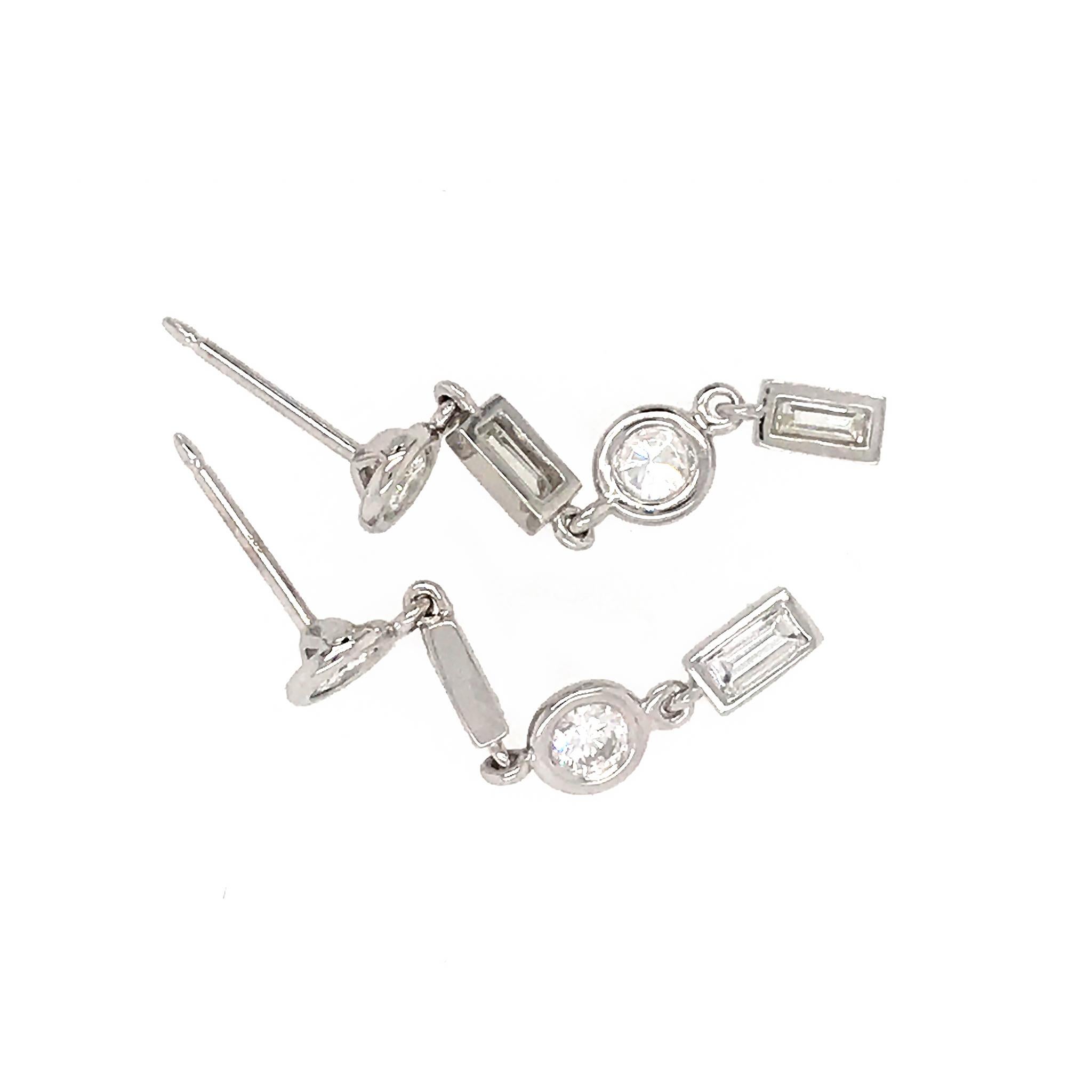 Fab Drops 14 Karat White Gold Round and Baguettes Diamond Drop Earrings In New Condition For Sale In New York, NY