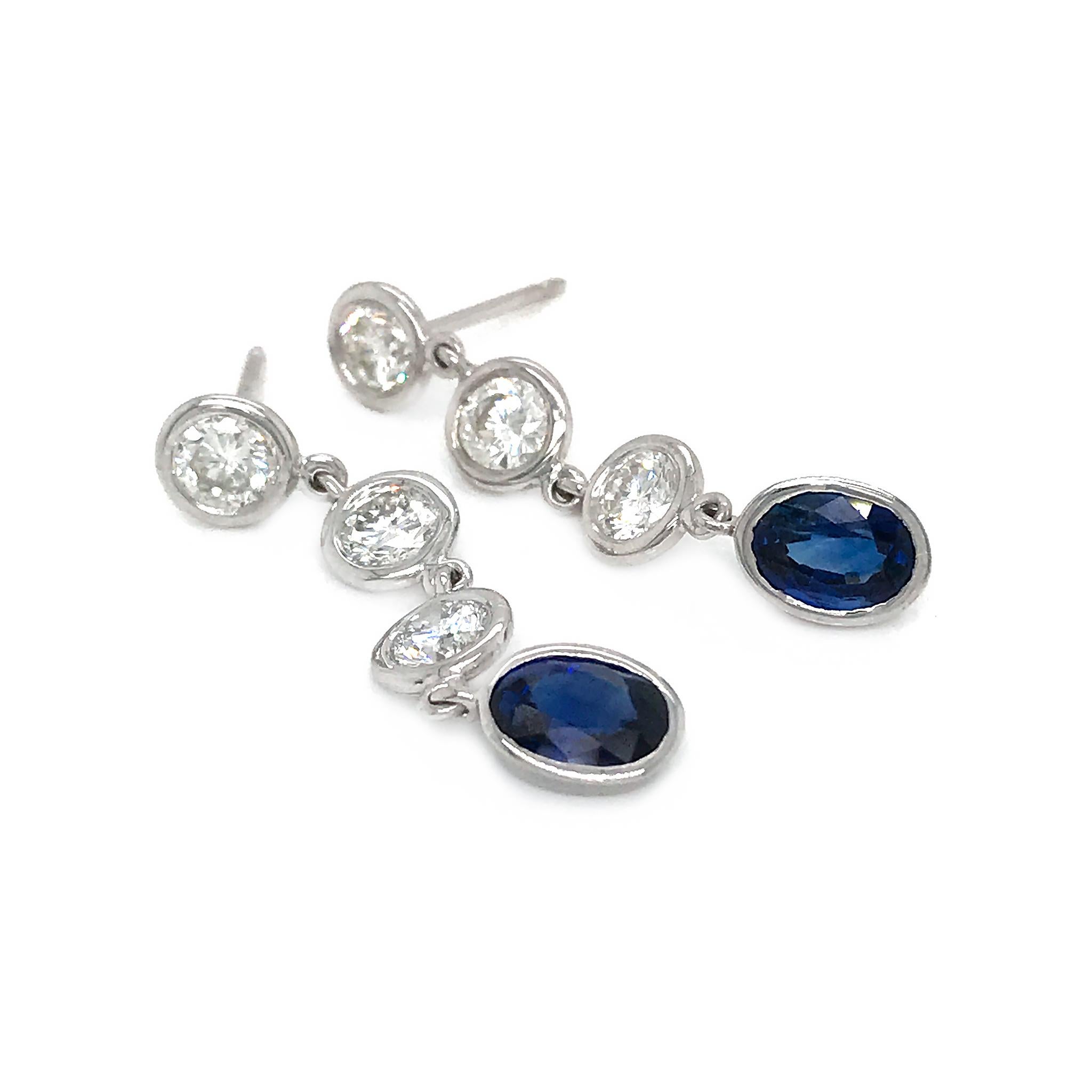 Fab Drops 14 Karat White Gold Round Diamond and Sapphire Drop Earrings In New Condition For Sale In New York, NY