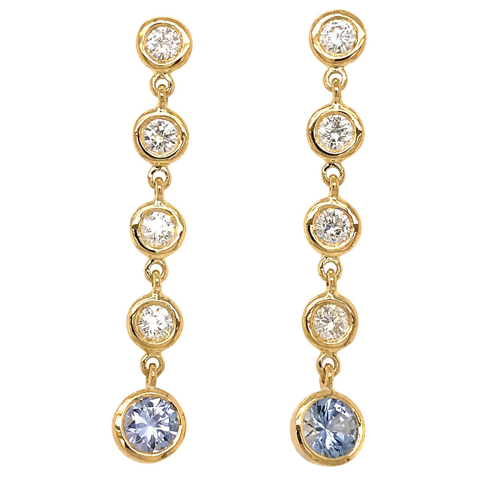 Fab Drops 18 Karat Gold Diamond and Light Blue Ceylon Sapphire Drop Earrings For Sale