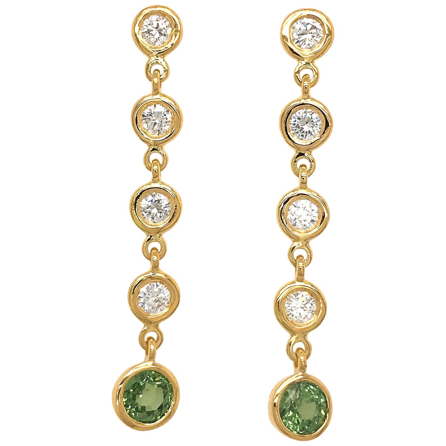 Fab Drops 18 Karat Yellow Gold Diamond and Green Sapphire Drop Earrings For Sale