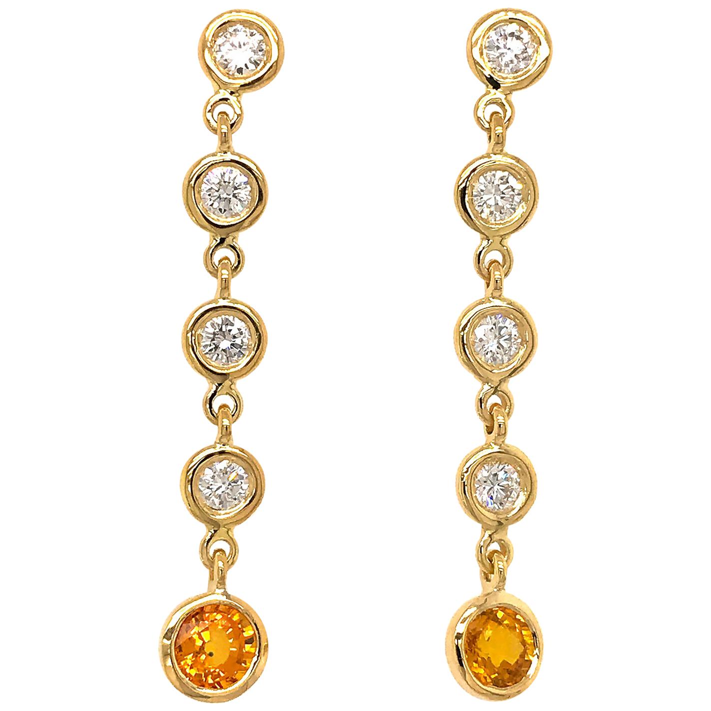 Fab Drops 18 Karat Yellow Gold Diamond and Yellow Sapphire Drop Earrings For Sale