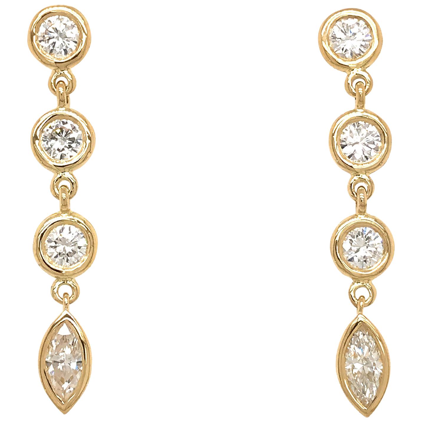 Fab Drops 18 Karat Yellow Gold Round and Marquise Diamond Drop Earrings For Sale