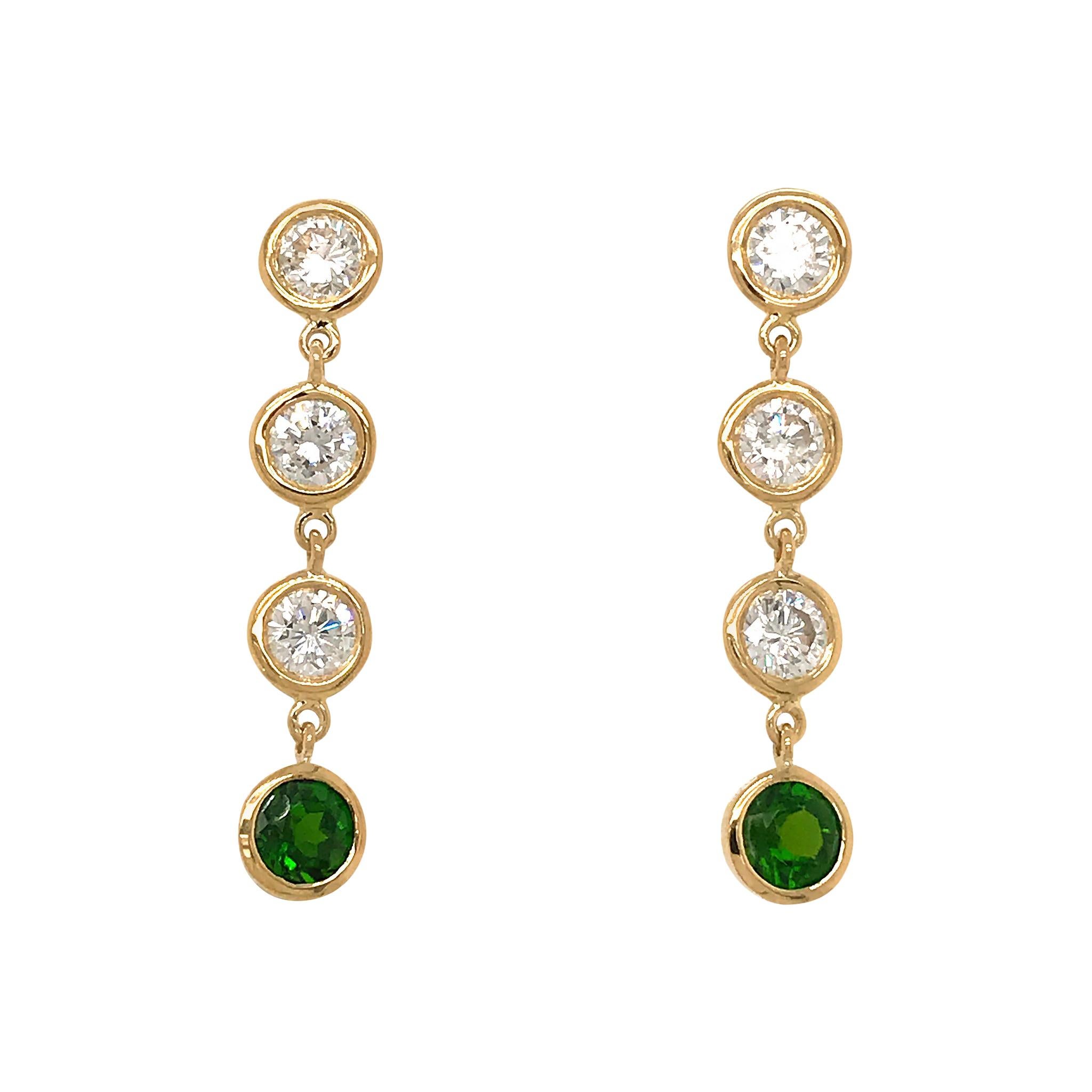 Fab Drops 18 Karat Yellow Gold Round Diamond and Chrome Diopside Drop Earrings For Sale