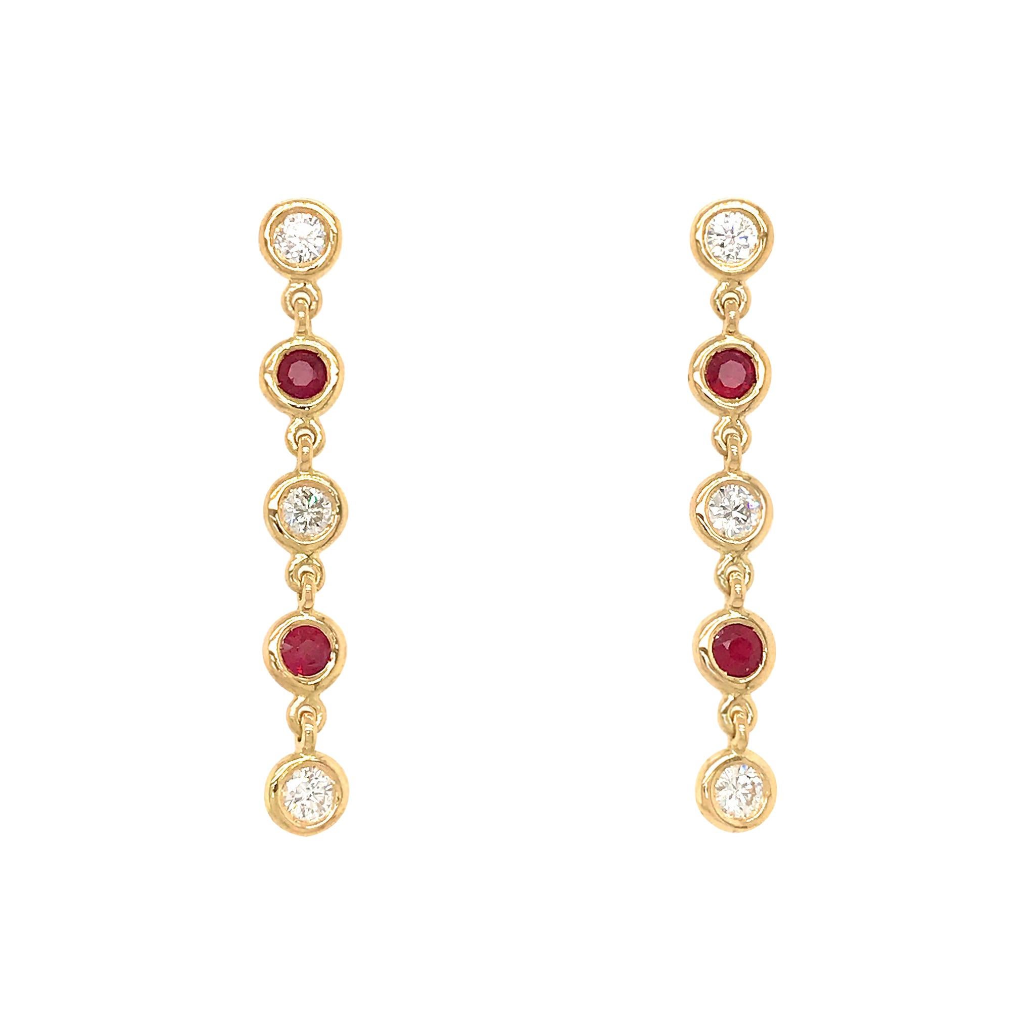 Fab Drops 18 Karat Yellow Gold Ruby and Diamond Drop Earrings For Sale