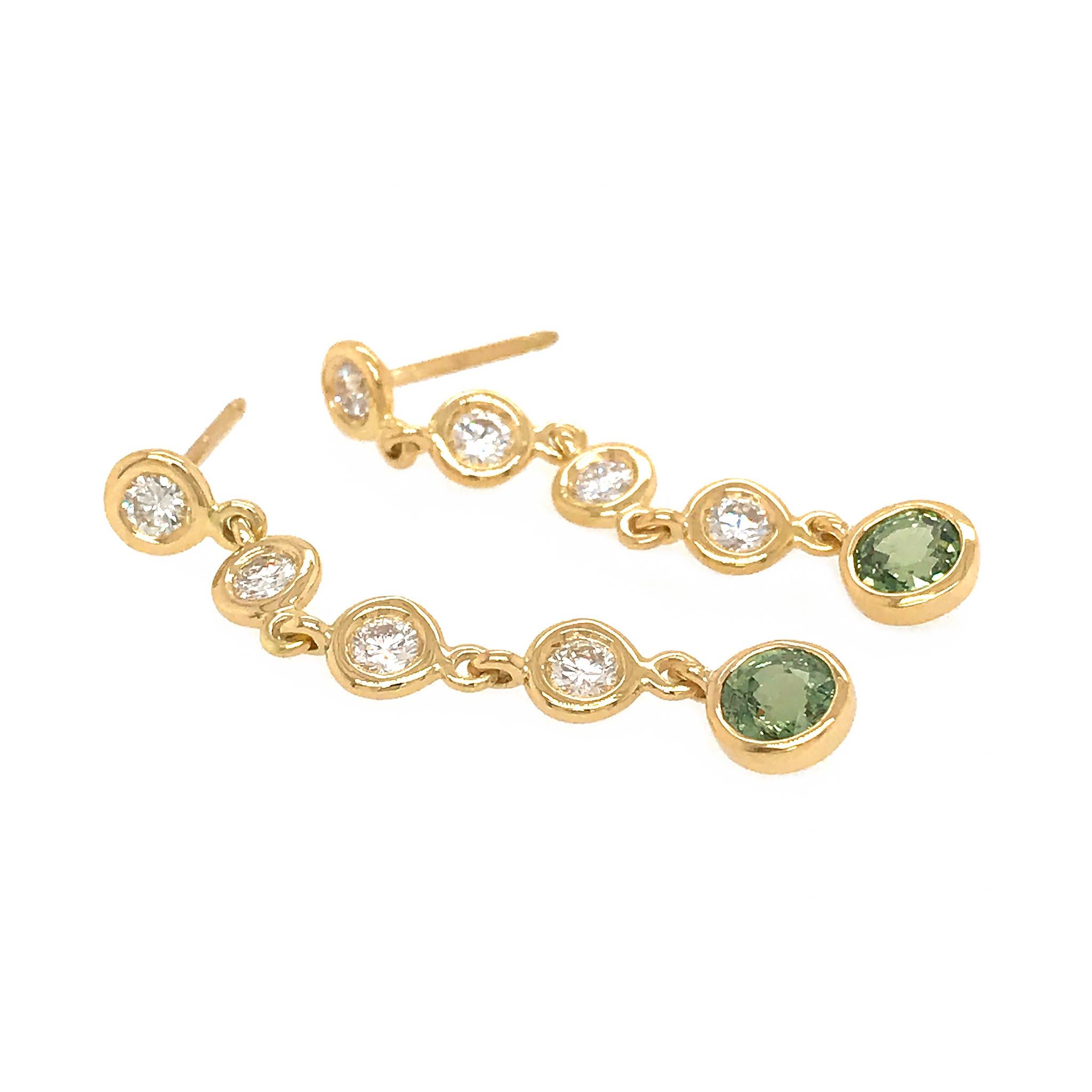 Round Cut Fab Drops 18 Karat Yellow Gold Diamond and Green Sapphire Drop Earrings For Sale