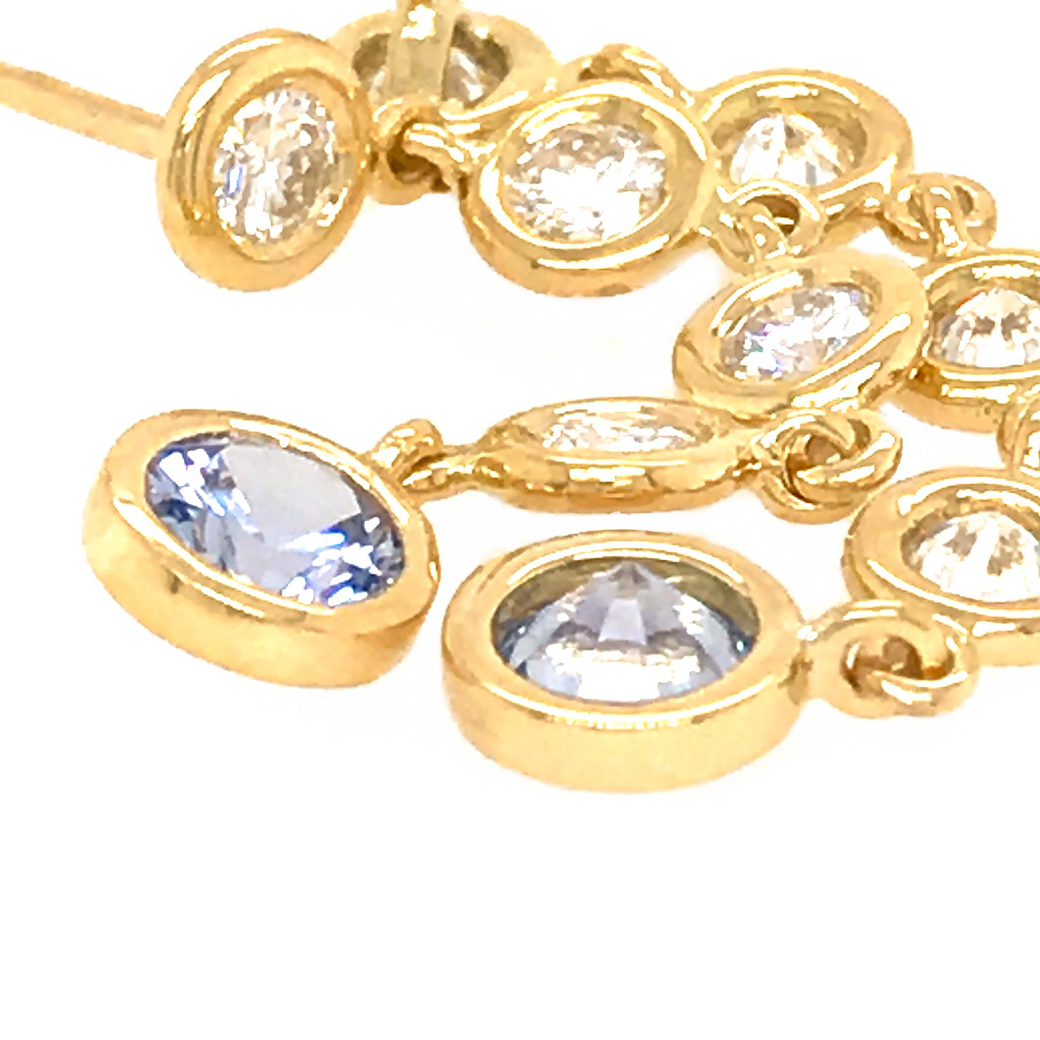 Round Cut Fab Drops 18 Karat Gold Diamond and Light Blue Ceylon Sapphire Drop Earrings For Sale