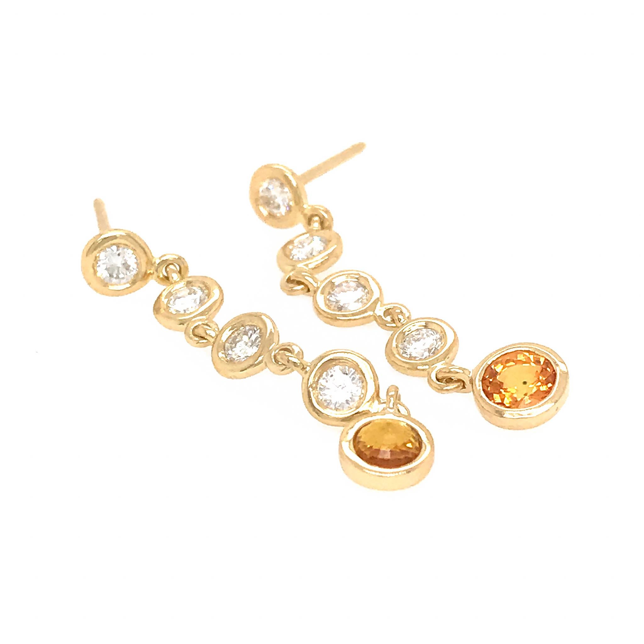 Round Cut Fab Drops 18 Karat Yellow Gold Diamond and Yellow Sapphire Drop Earrings For Sale