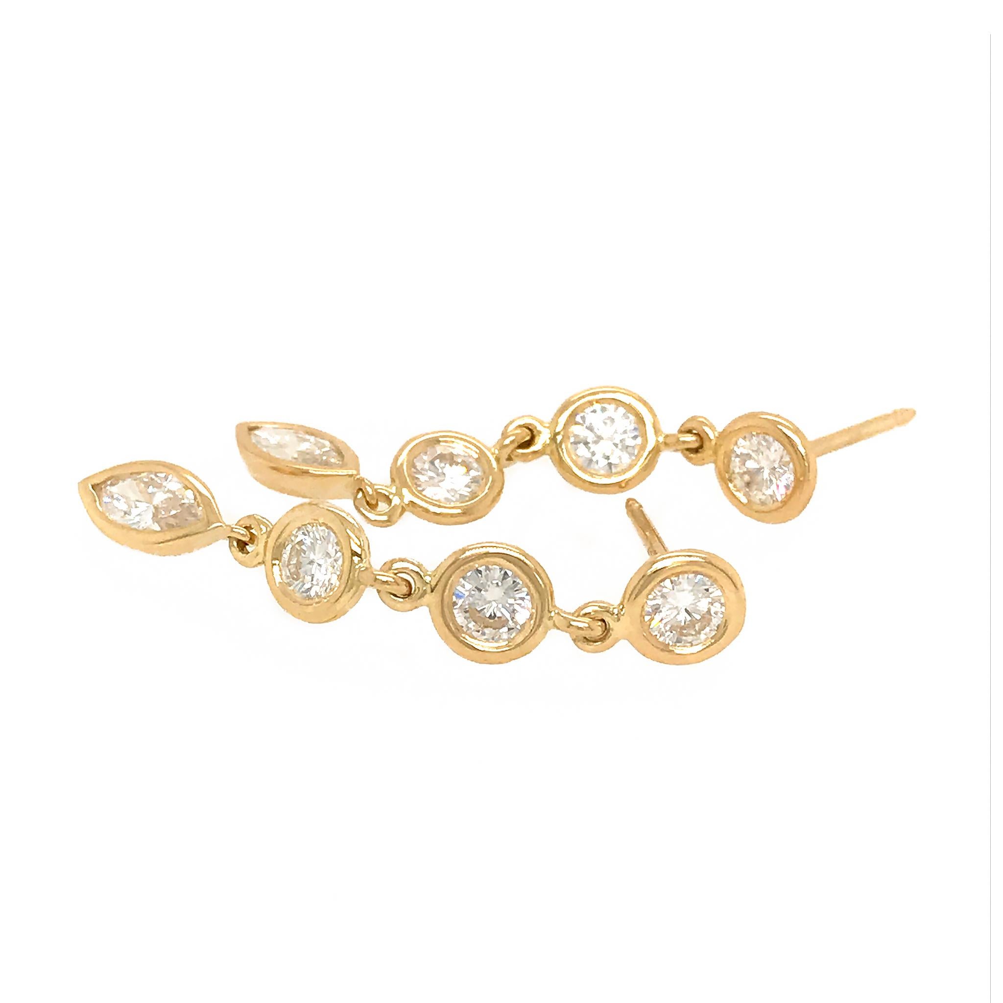 Round Cut Fab Drops 18 Karat Yellow Gold Round and Marquise Diamond Drop Earrings For Sale