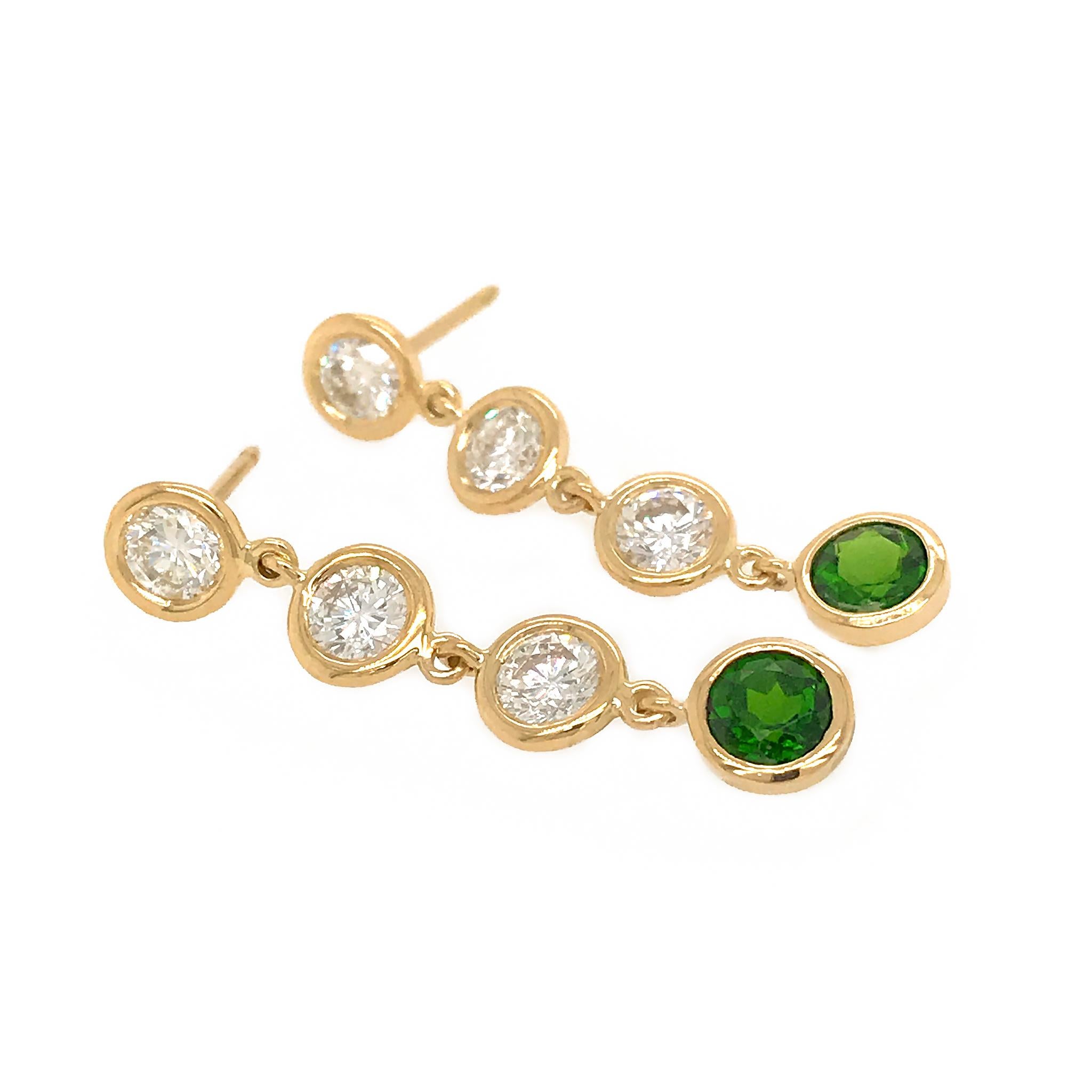 Round Cut Fab Drops 18 Karat Yellow Gold Round Diamond and Chrome Diopside Drop Earrings For Sale
