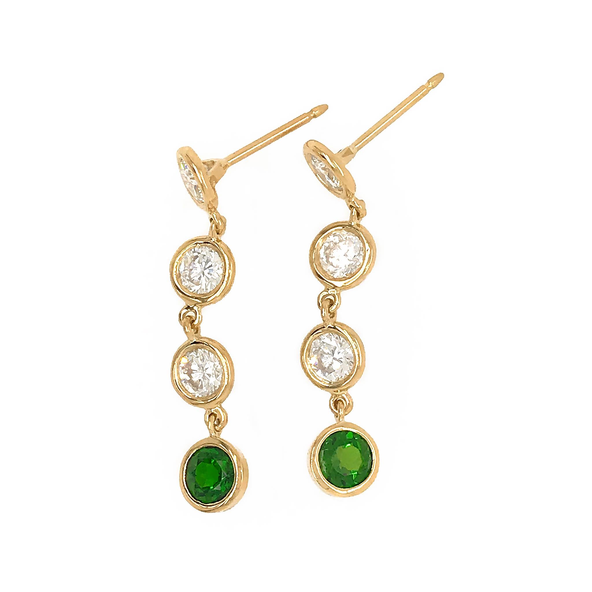 Fab Drops 18 Karat Yellow Gold Round Diamond and Chrome Diopside Drop Earrings In New Condition For Sale In New York, NY