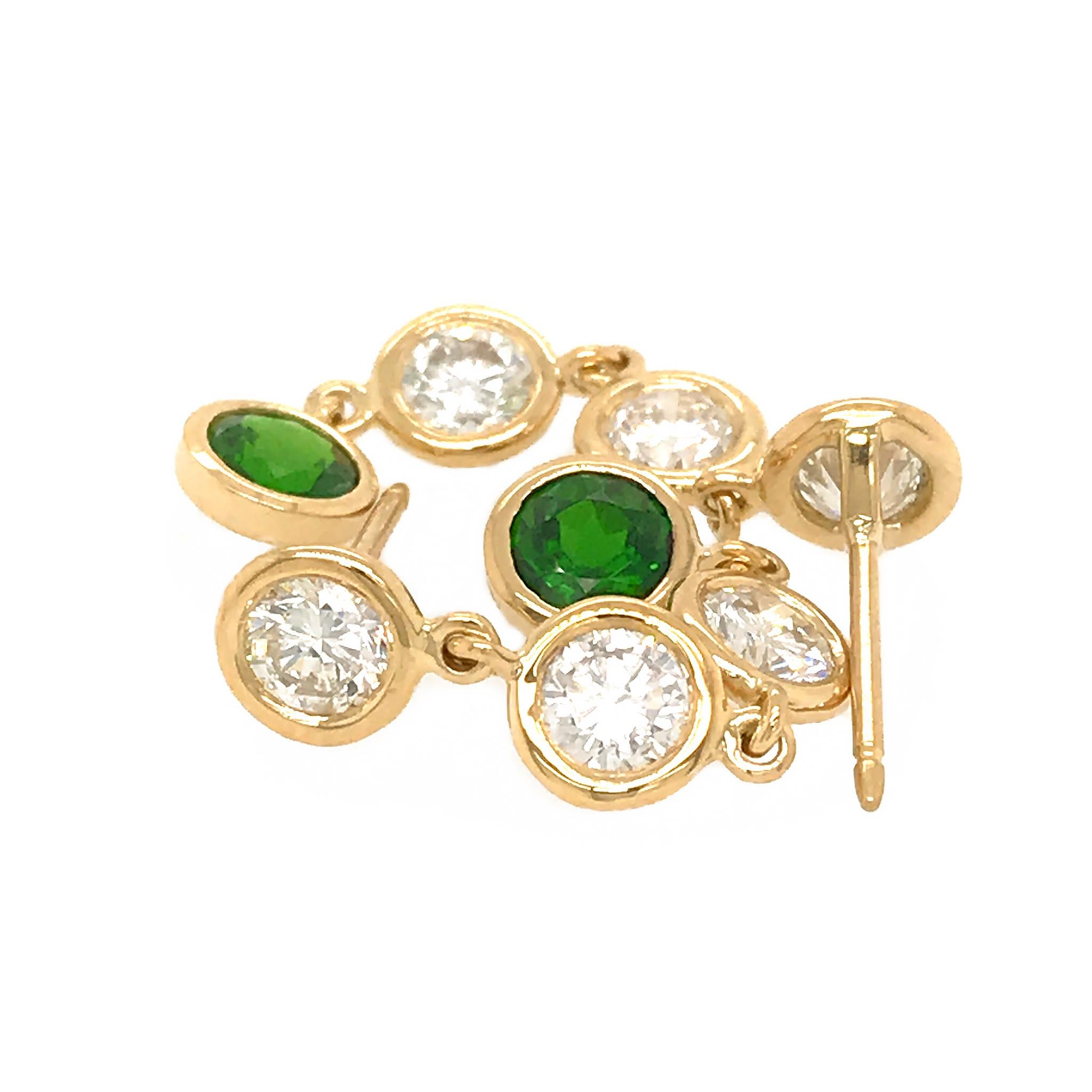 Women's Fab Drops 18 Karat Yellow Gold Round Diamond and Chrome Diopside Drop Earrings For Sale