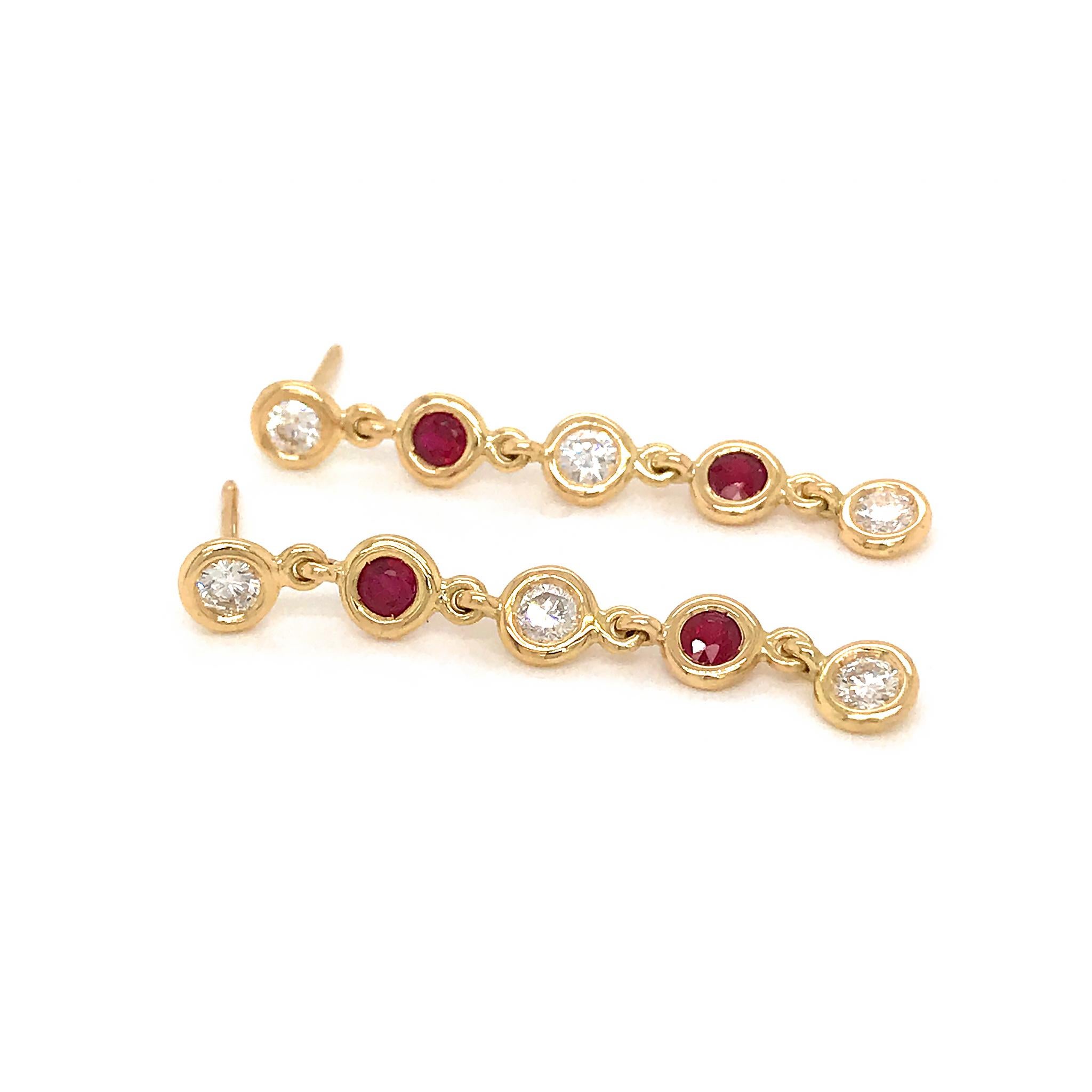 Round Cut Fab Drops 18 Karat Yellow Gold Ruby and Diamond Drop Earrings For Sale
