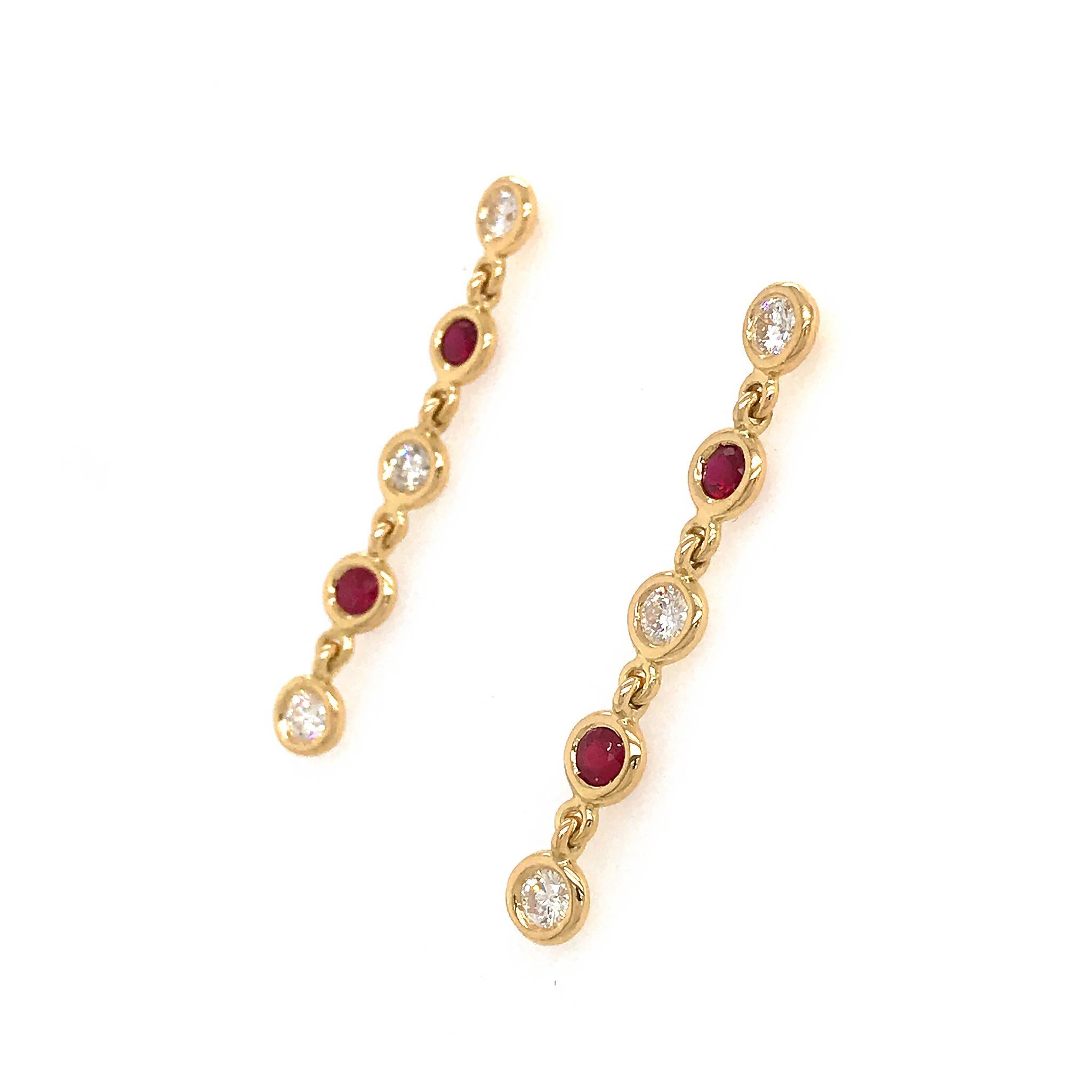 Fab Drops 18 Karat Yellow Gold Ruby and Diamond Drop Earrings In New Condition For Sale In New York, NY