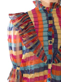 Fab Gucci Style 1970s Rainbow Ruffled Silk Blouse