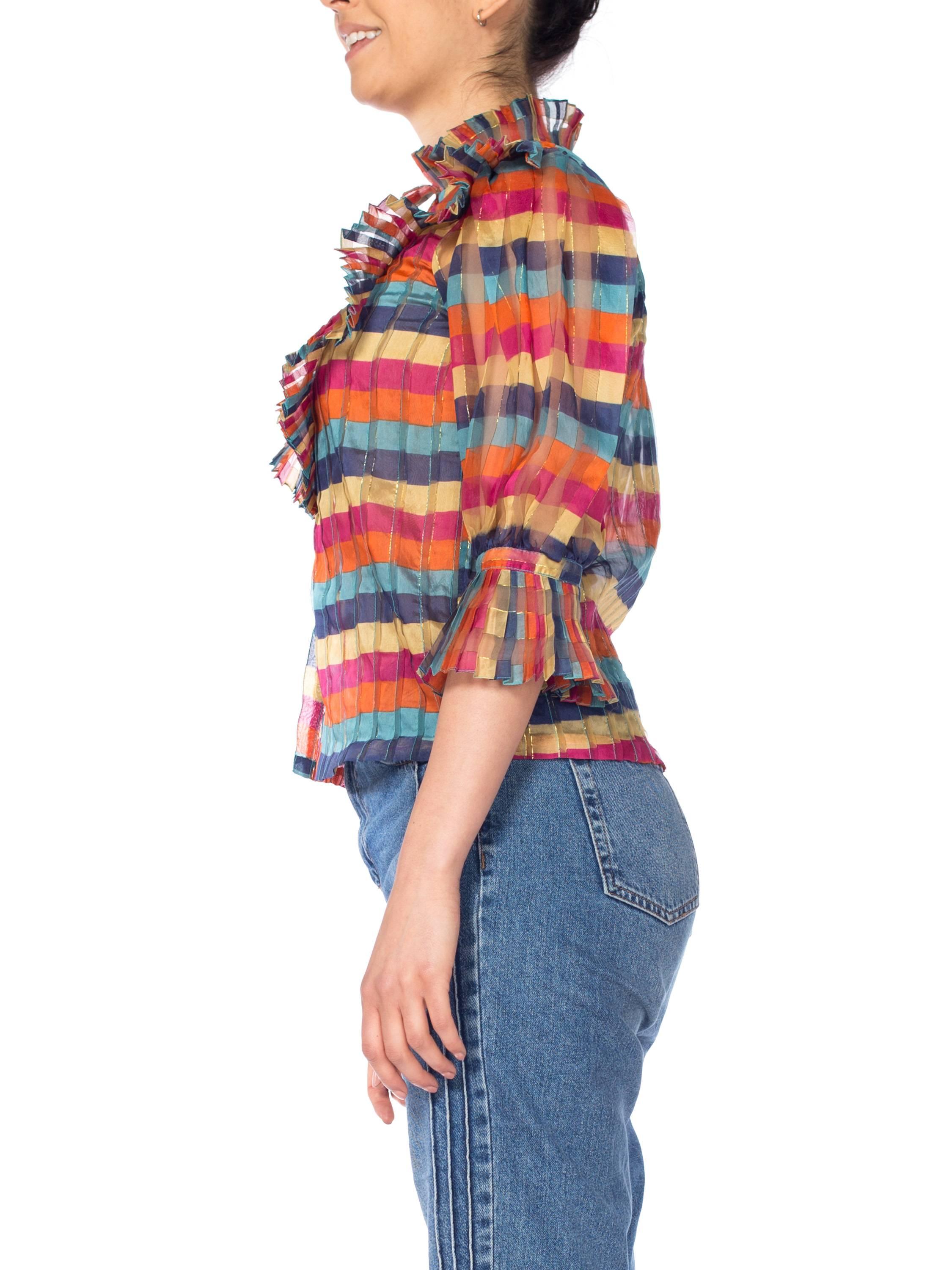 Fab Gucci Style 1970s Rainbow Ruffled Silk Blouse In Excellent Condition In New York, NY