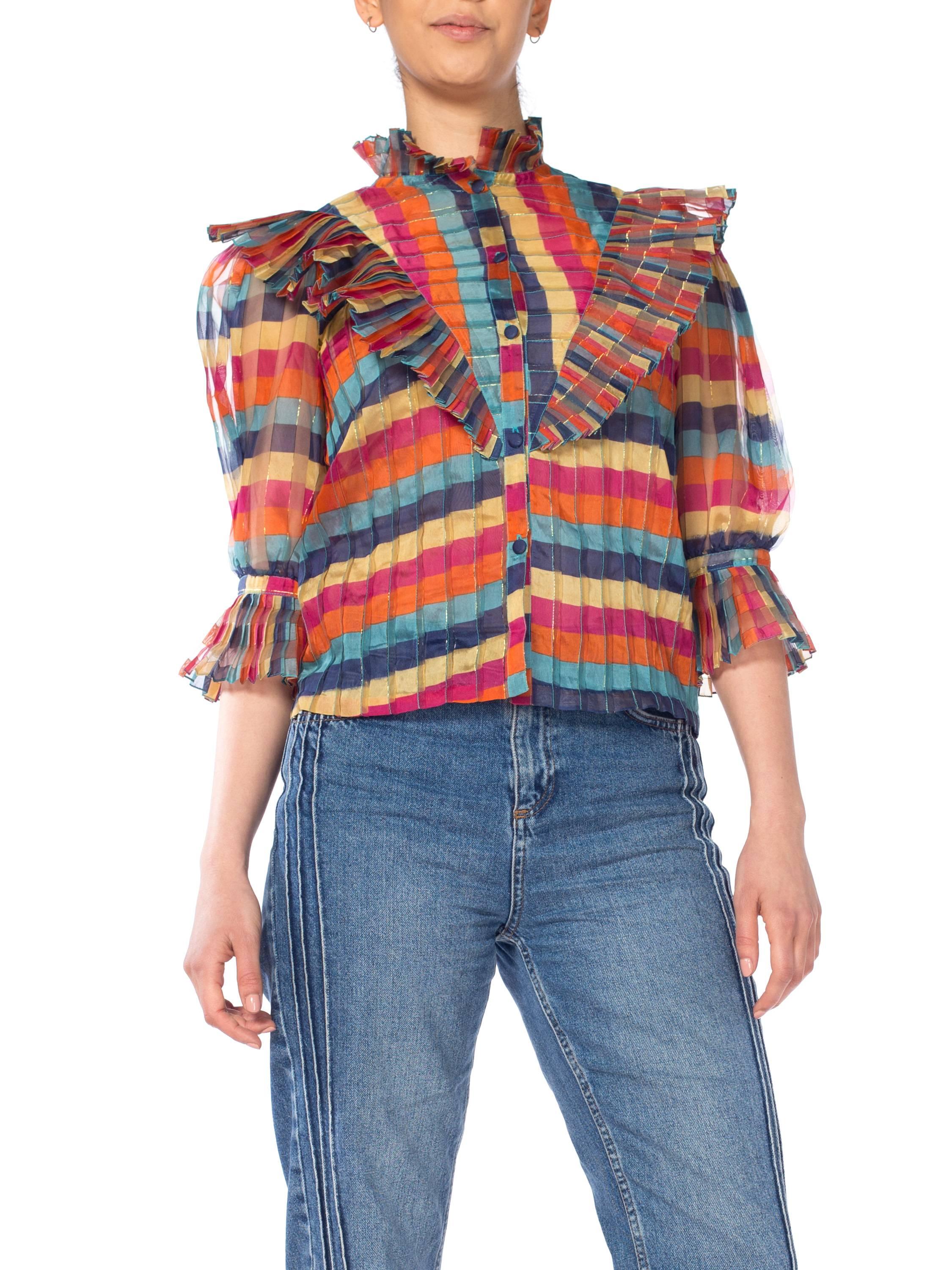 Fab Gucci Style 1970s Rainbow Ruffled Silk Blouse 3