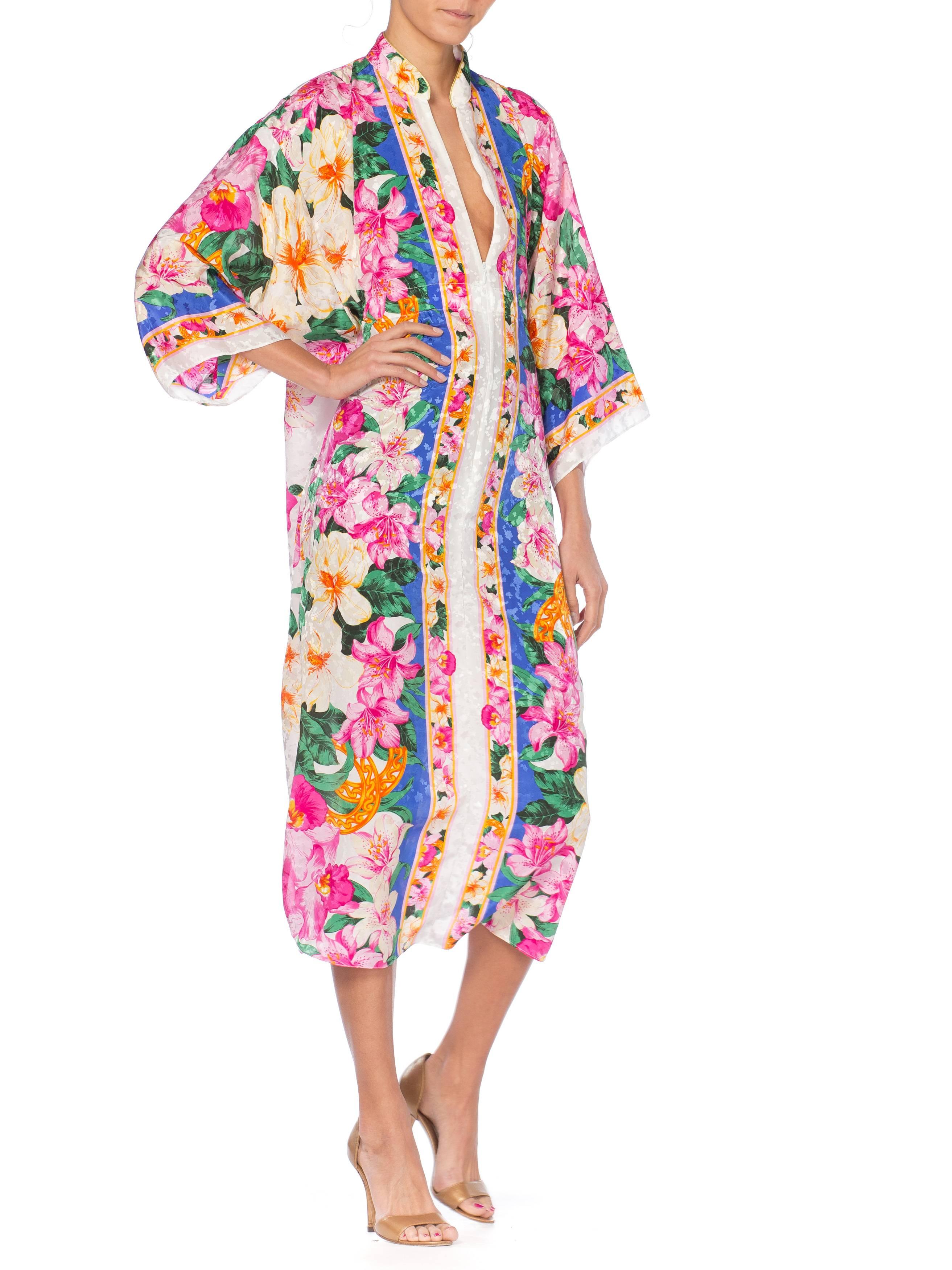 1980S Floral Multicolored Polyester Jacquard Pink Tropical Kaftan 6