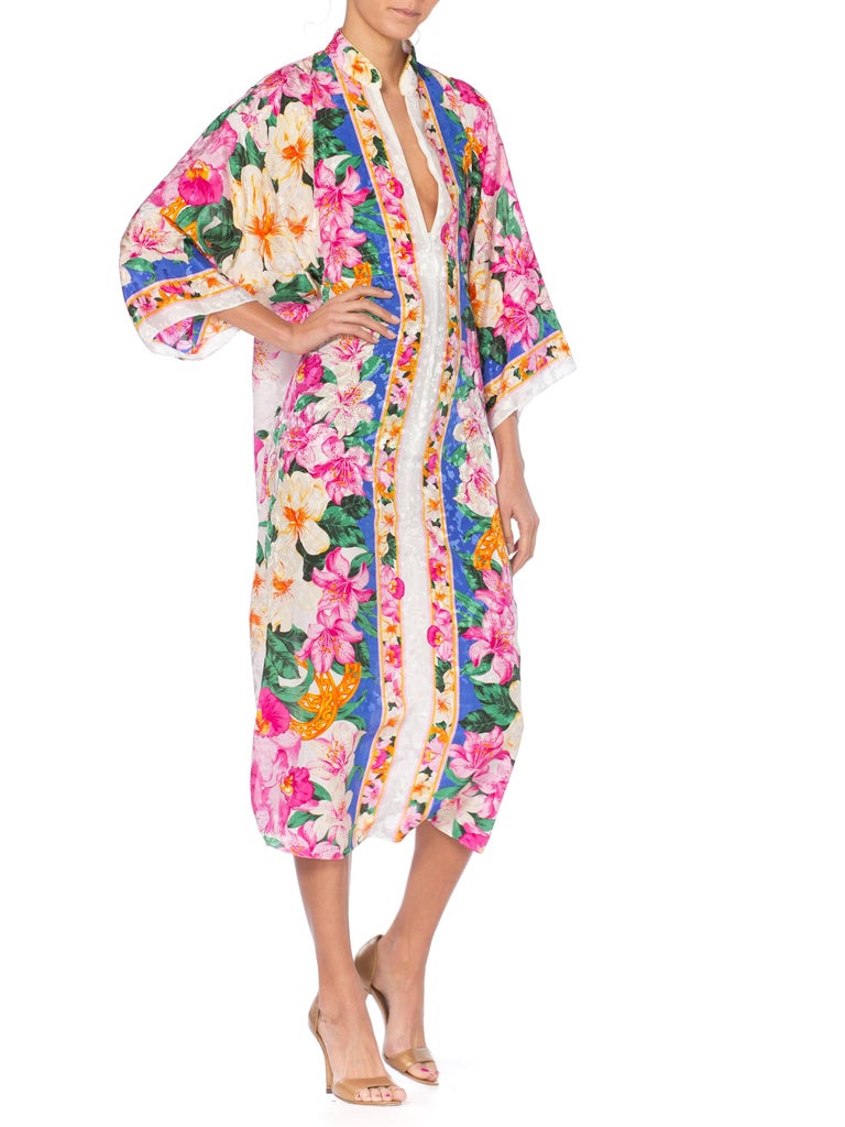 1980S Floral Multicolored Polyester Jacquard Pink Tropical Kaftan at ...