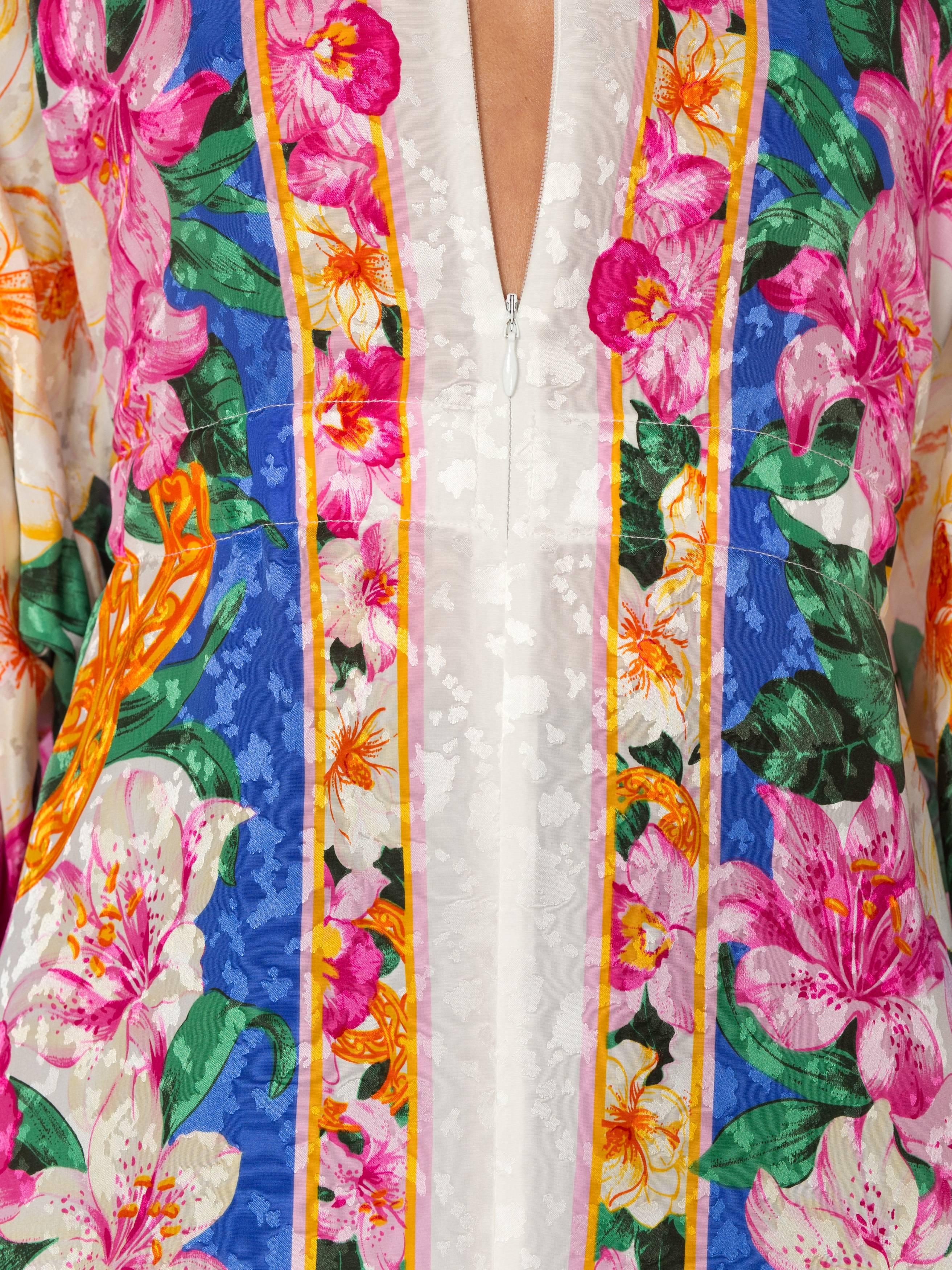 1980S Floral Multicolored Polyester Jacquard Pink Tropical Kaftan 7