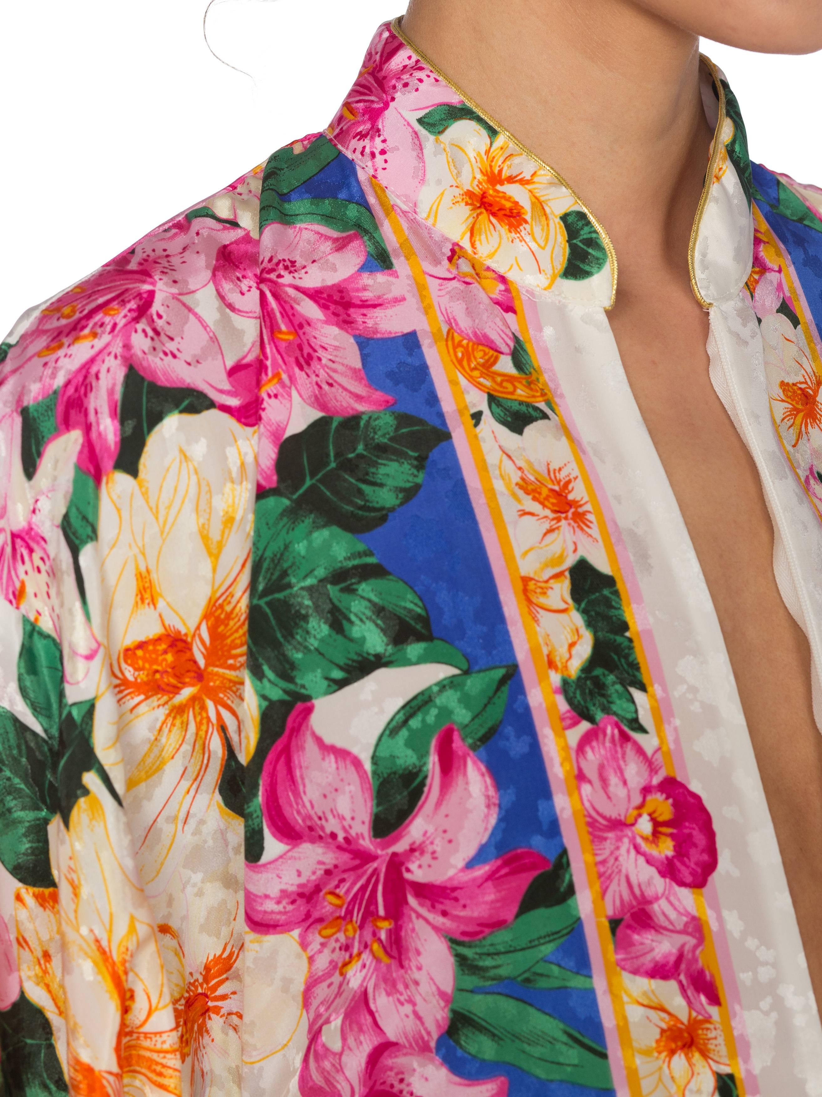 1980S Floral Multicolored Polyester Jacquard Pink Tropical Kaftan 8
