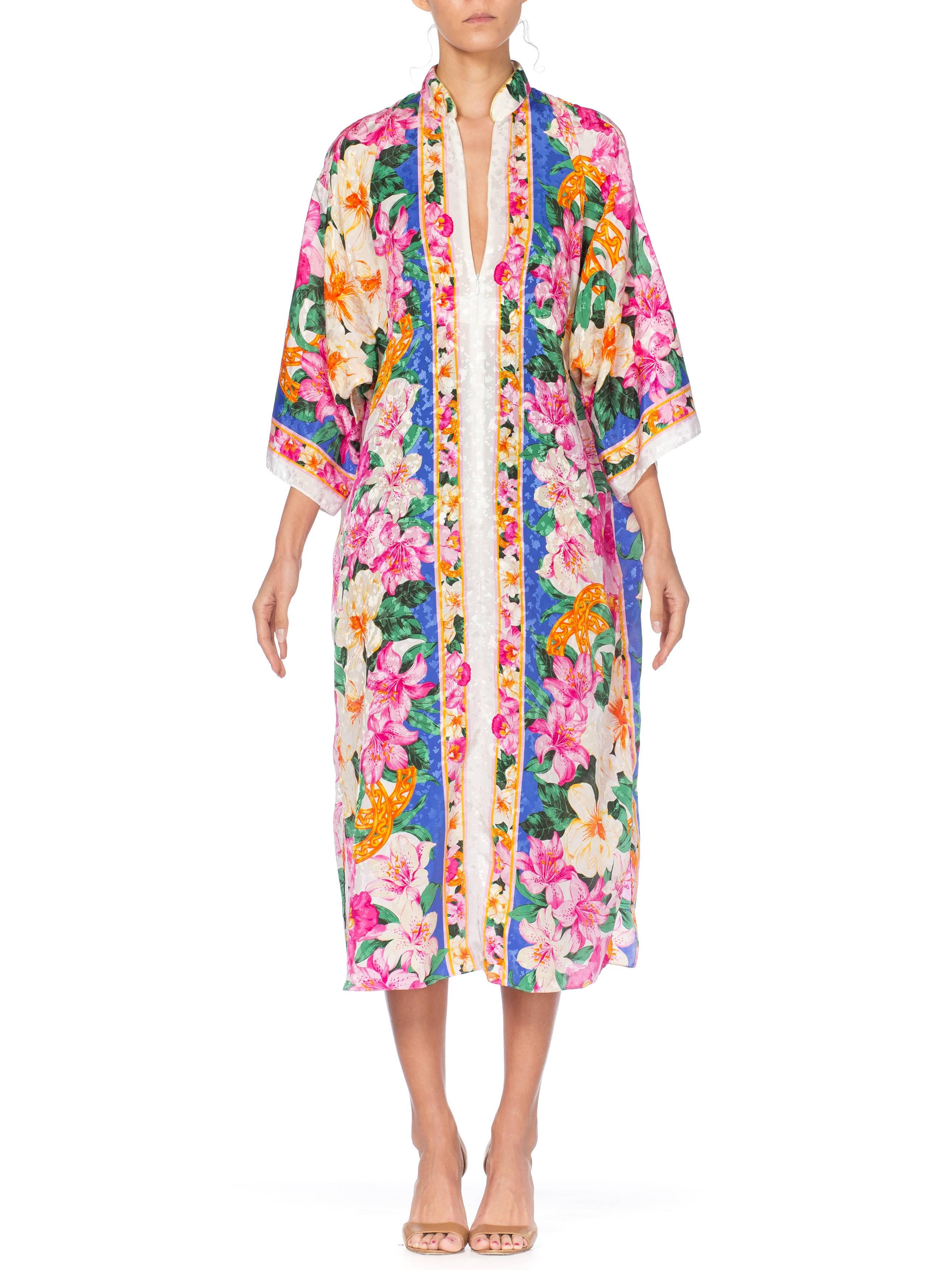 Beige 1980S Floral Multicolored Polyester Jacquard Pink Tropical Kaftan