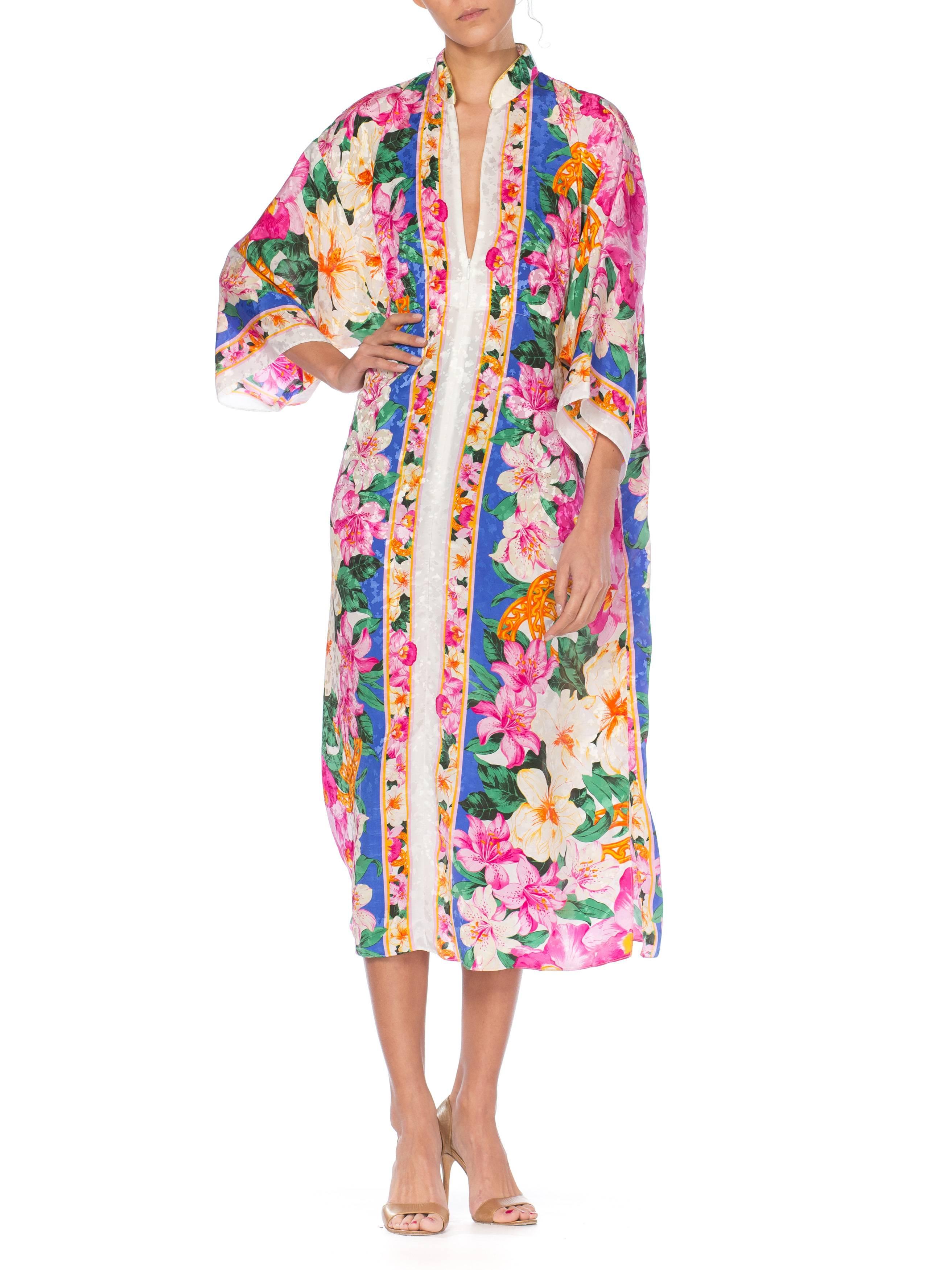 1980S Floral Multicolored Polyester Jacquard Pink Tropical Kaftan 2