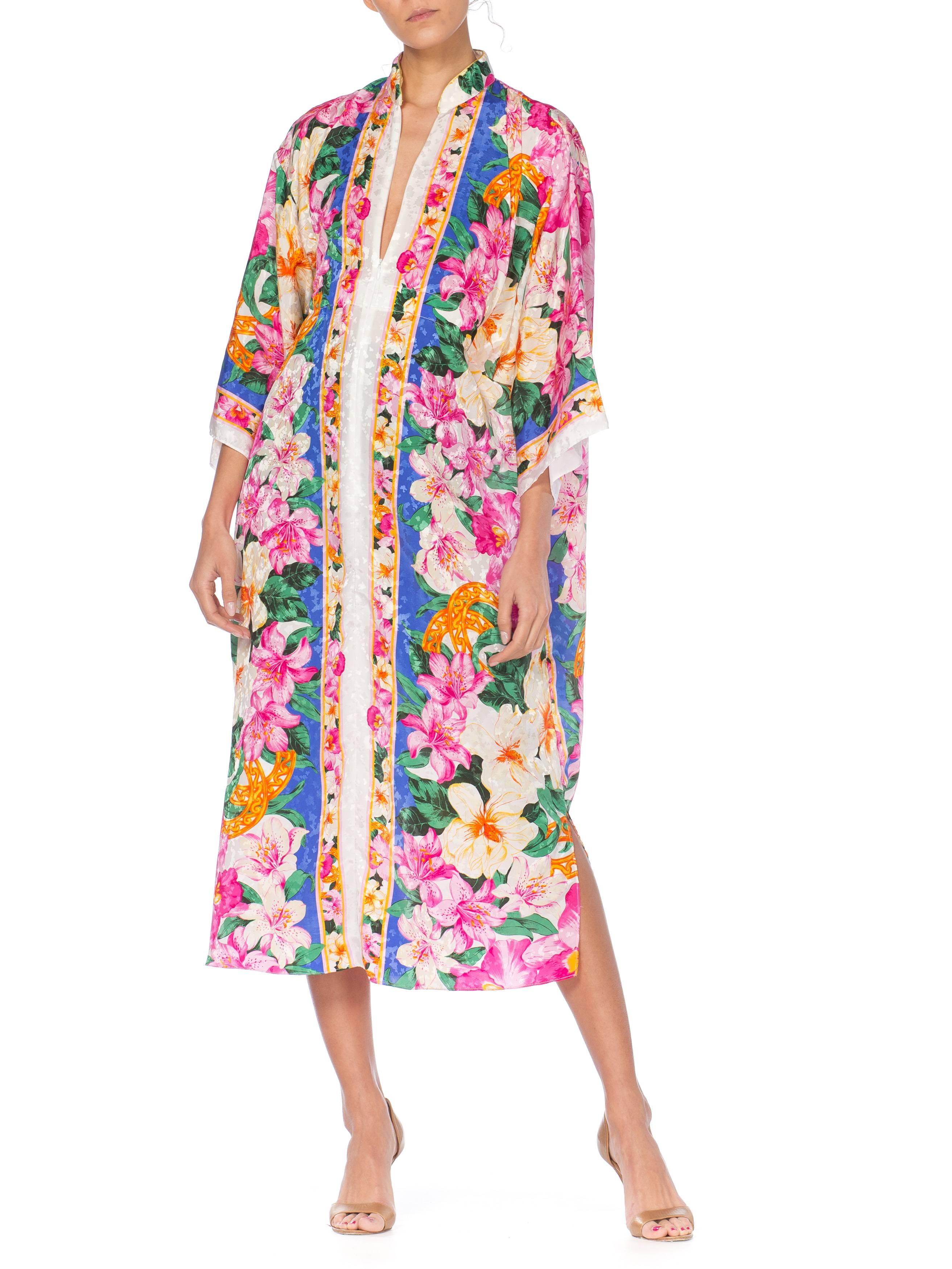 1980S Floral Multicolored Polyester Jacquard Pink Tropical Kaftan 3