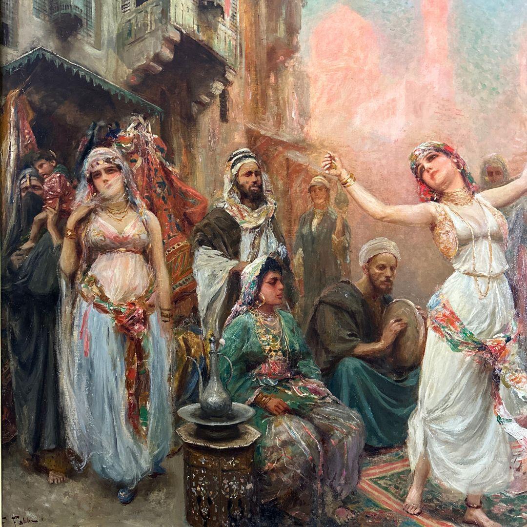 La danza - Grande dipinto orientale antico su tela, firmato, 19° secolo - Painting Realismo di Fabbio Fabbi