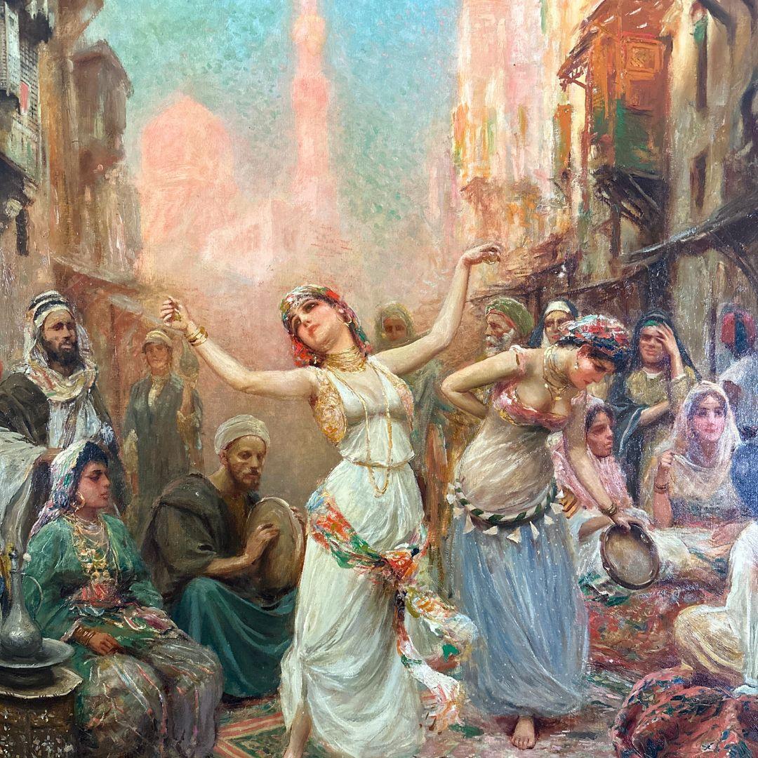 La danza - Grande dipinto orientale antico su tela, firmato, 19° secolo - Figurative Painting Marrone di Fabbio Fabbi