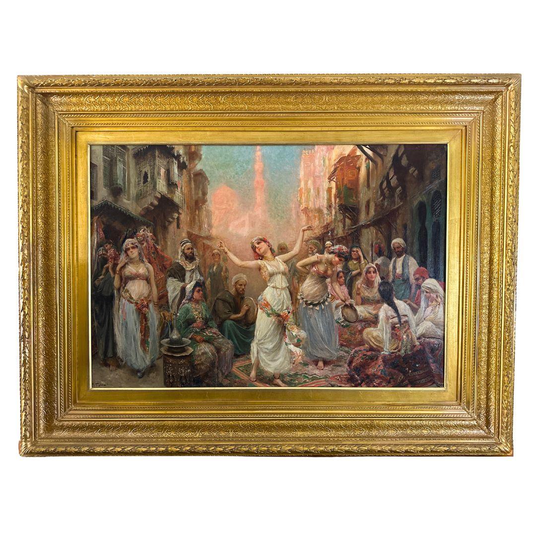 Fabbio Fabbi Figurative Painting - The Dance Large Antique Orientalist Oil Painting on Canvas, Signed, 19th Century