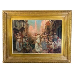 The Dance Large Antique Orientalist Oil Painting on Canvas, Signed, 19th Century