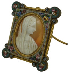 Fabbrica Angelo Pessar Italian Micro Mosaic Frame Carved Shell Cameo Madonna