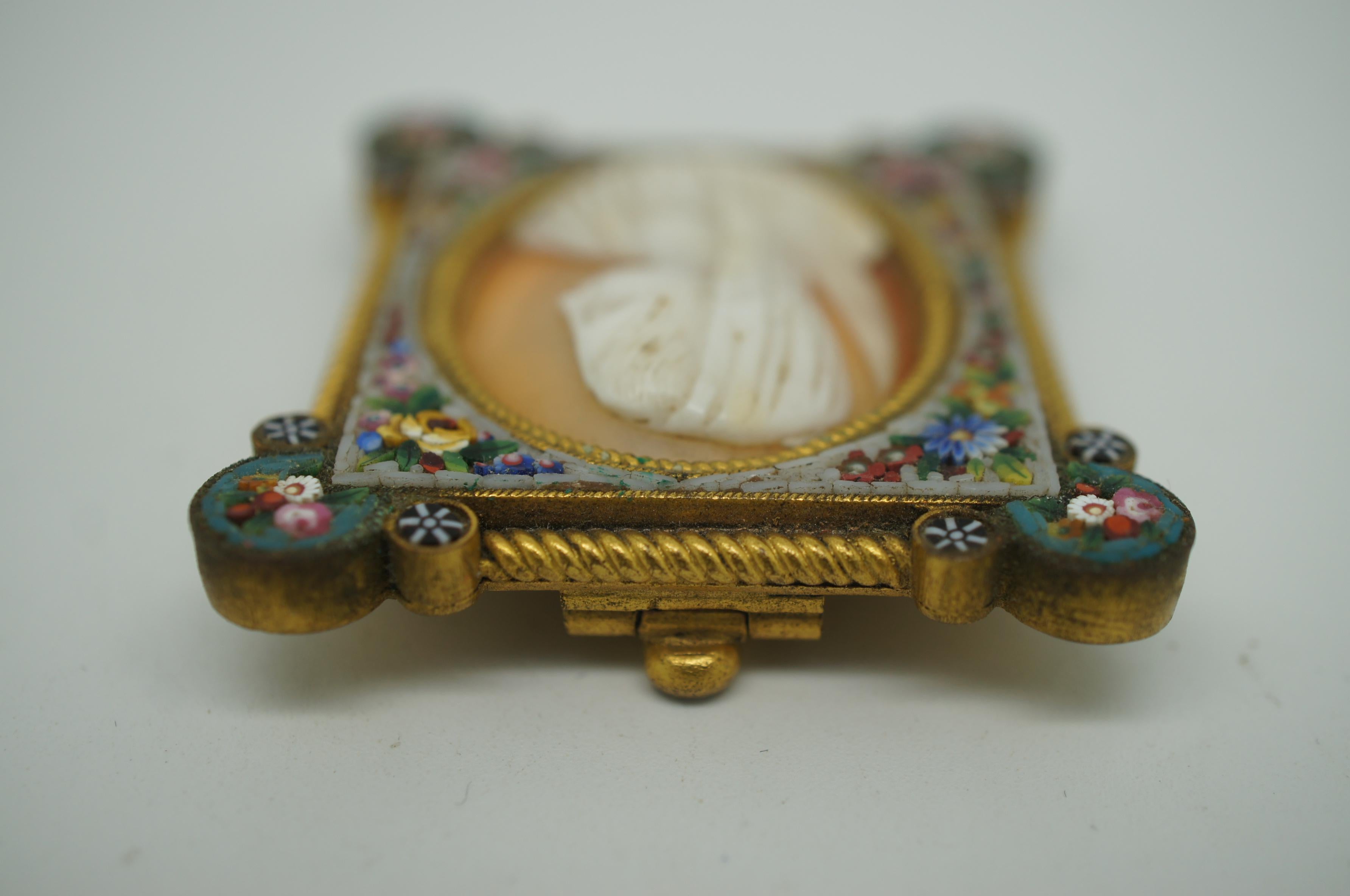 Metal Fabbrica Angelo Pessar Italian Micro Mosaic Frame Carved Shell Cameo Madonna
