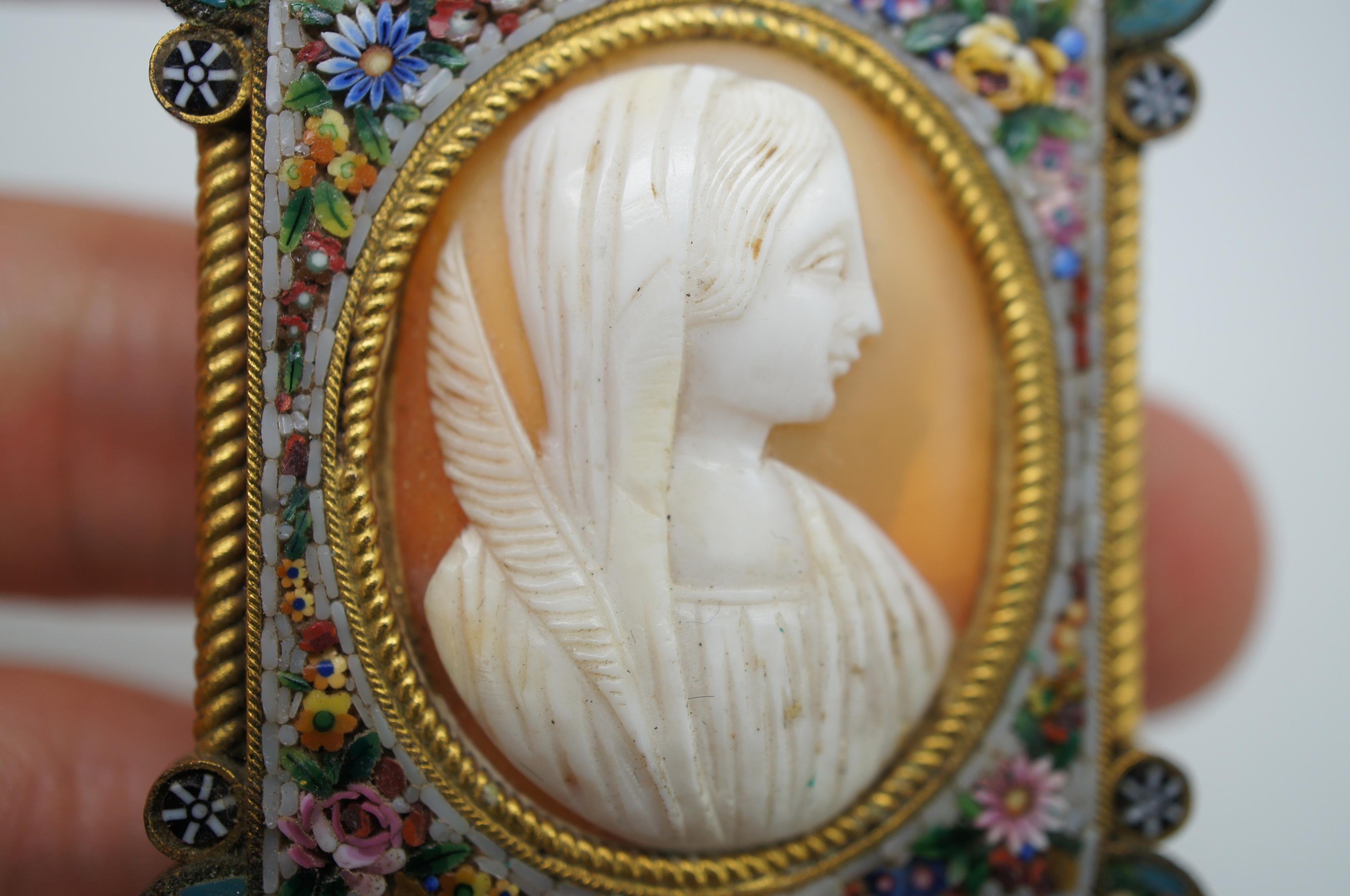 Fabbrica Angelo Pessar Italian Micro Mosaic Frame Carved Shell Cameo Madonna 2