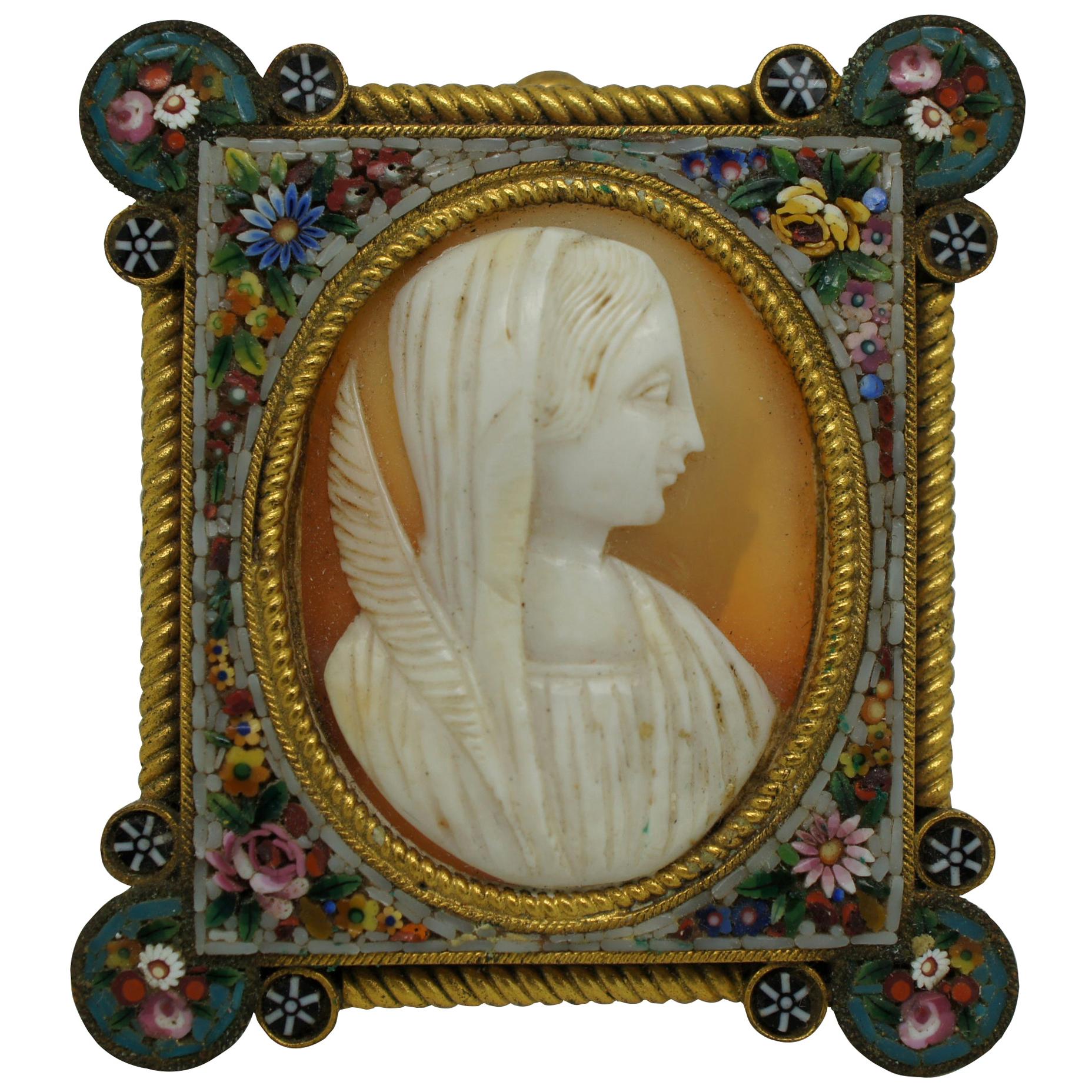Fabbrica Angelo Pessar Italian Micro Mosaic Frame Carved Shell Cameo Madonna