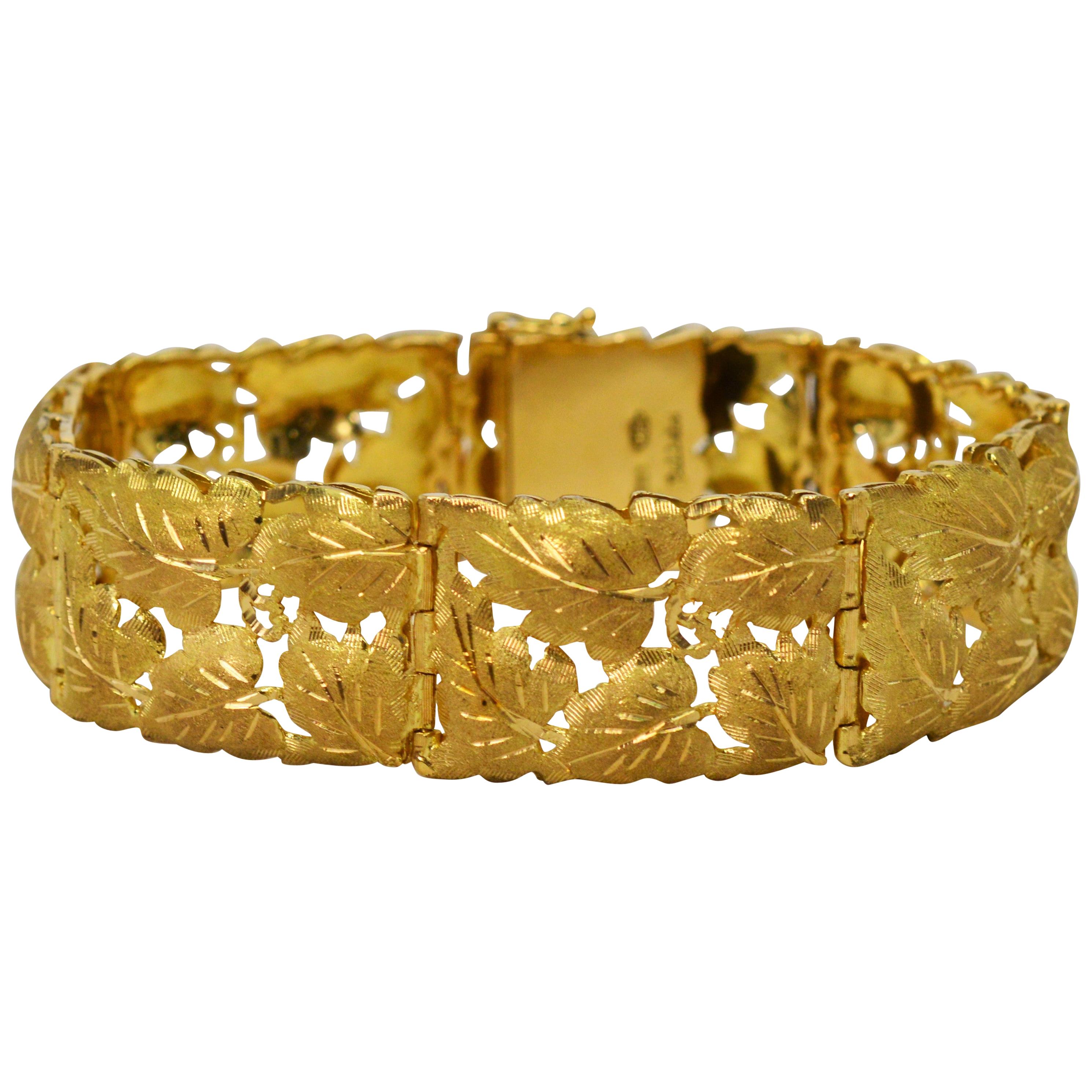 Fabbrini 18 Karat Satin Yellow Gold Grape Leaf Inspired Link Bracelet