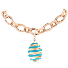 Faberg Blue Enamel Rose Gold Features Round White Diamonds Charm and Bracelet