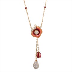 Vintage Modern Fabergé Diamond Pave Enameled Dangling Gold Flower Pendant Necklace