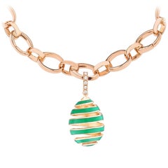 Fabergé Green Enamel Rose Gold Features Round White Diamonds Charm and Bracelet