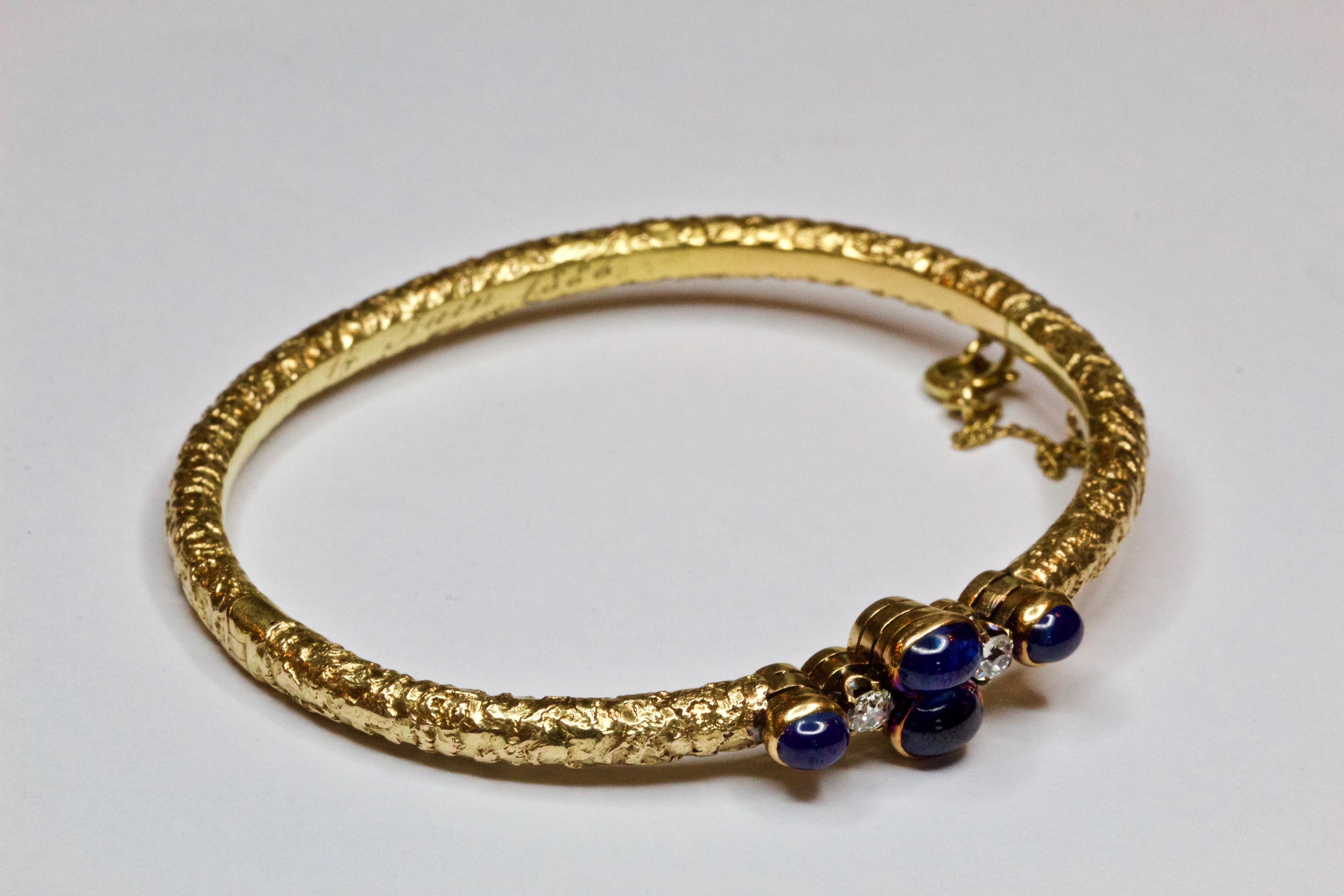 Spectacular Fabergé 14 karat gold cabochon sapphire and diamond bangle! Typical of all Fabergé, this piece was made in St Petersburg and displays absolutely incredible detailing throughout and an inscription ‘ 14 Juin 1886’ with the hallmarks