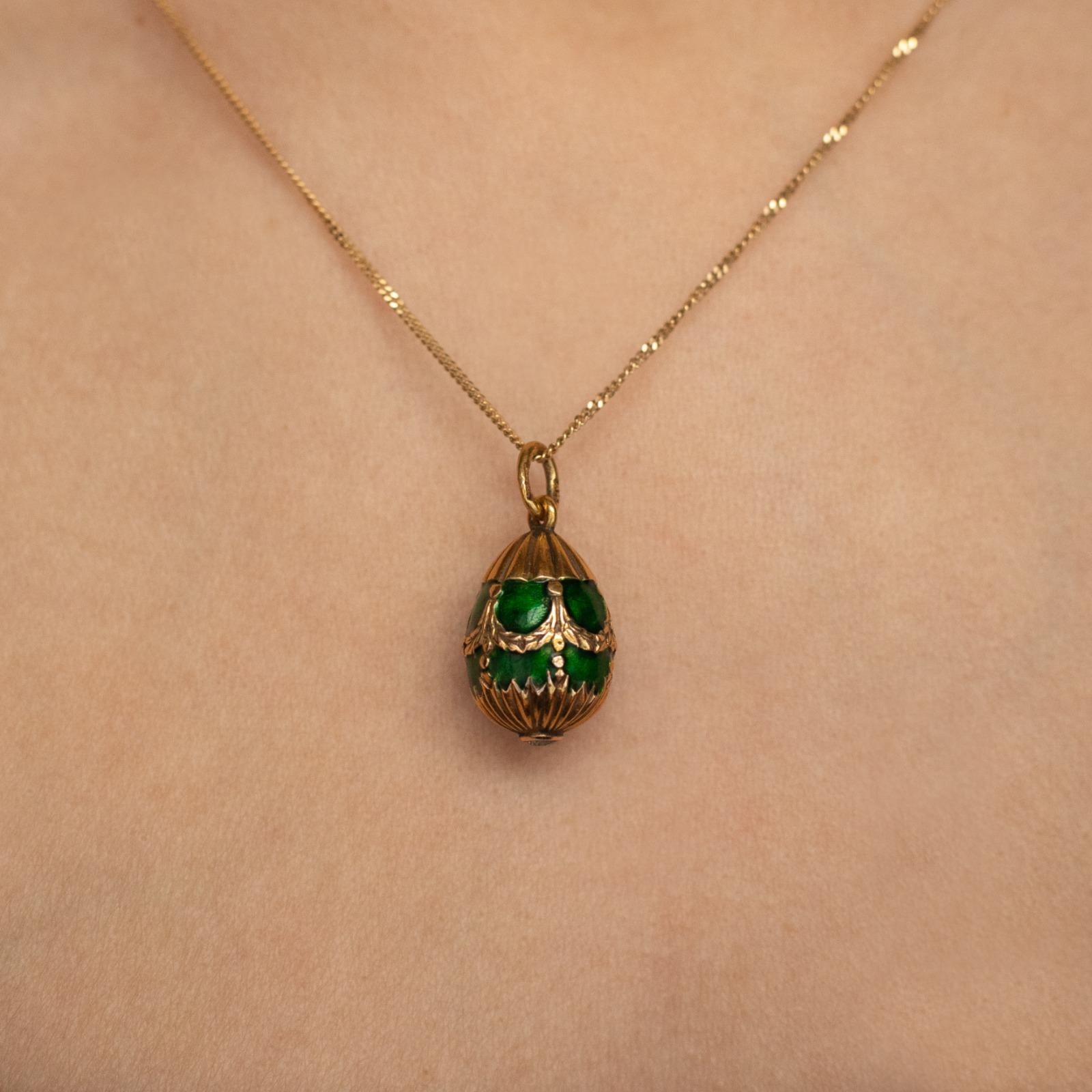 Old Mine Cut Fabergé 14 Karat Yellow Gold Green Enamel Diamond Egg Pendant For Sale