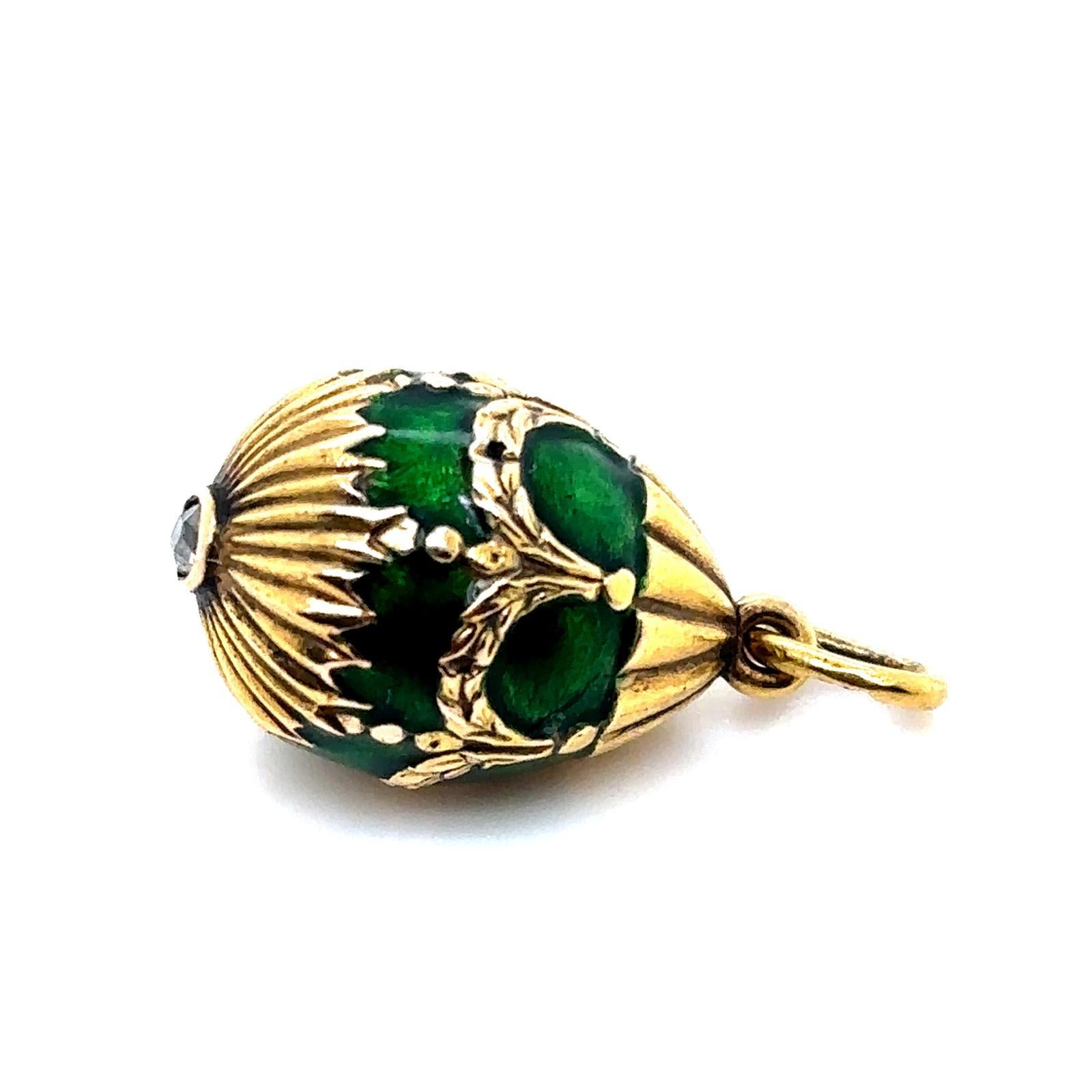 Fabergé 14 Karat Yellow Gold Green Enamel Diamond Egg Pendant In Good Condition For Sale In London, GB