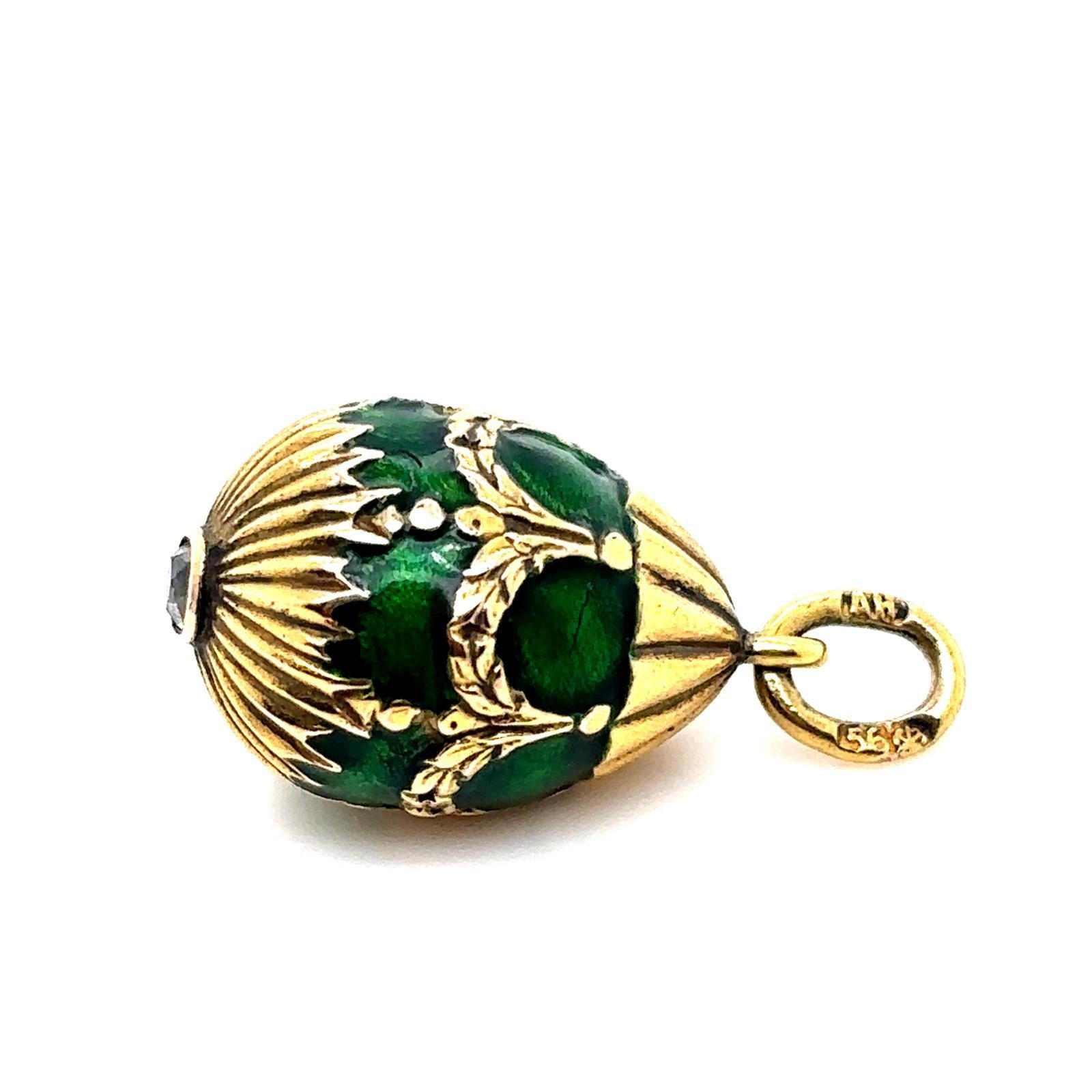 Women's or Men's Fabergé 14 Karat Yellow Gold Green Enamel Diamond Egg Pendant For Sale