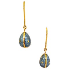 Faberge 18 Karat Gold and Sky Blue Enamel Hanging Egg Earrings #43, Certificate