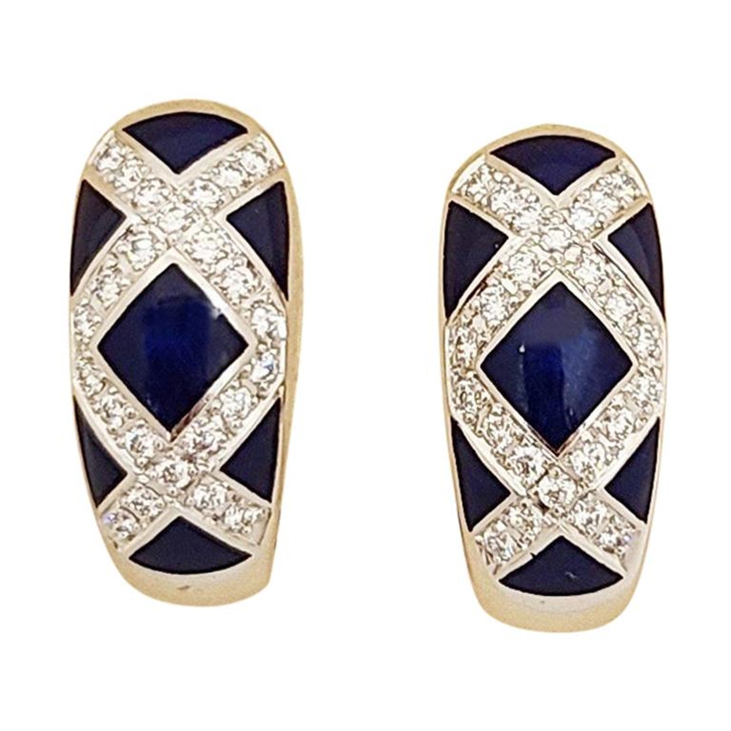 Faberge 18 Karat Gold Diamond 0.48 Carat and Blue Enamel Earrings,  Certificate For Sale at 1stDibs