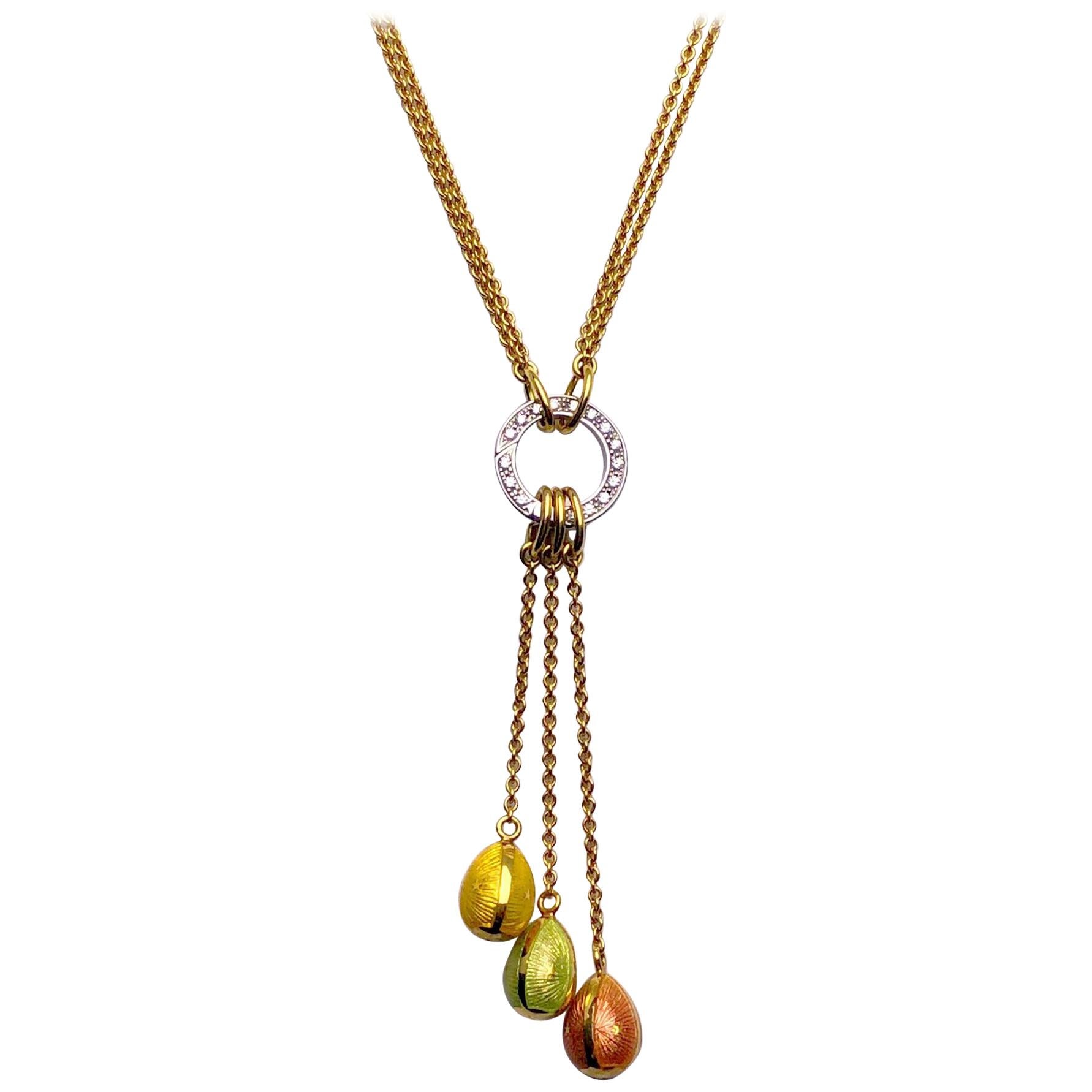 Faberge 18 Karat Gold, Enamel Egg Pendant Necklace with Diamonds, Certificate