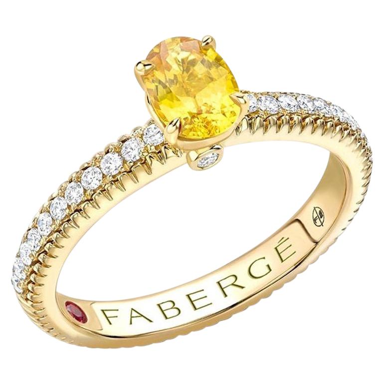 Fabergé 18k Yellow Gold Oval Yellow Sapphire Fluted Ring with Diamond Shoulders For Sale