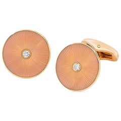 Modern Faberge 18 Karat Gold Peach Enamel and Diamond Center Cufflinks 