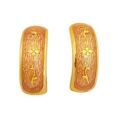 Faberge 18 Karat Gold Peach Enamel Huggy Earrings #96/300, with Certificate